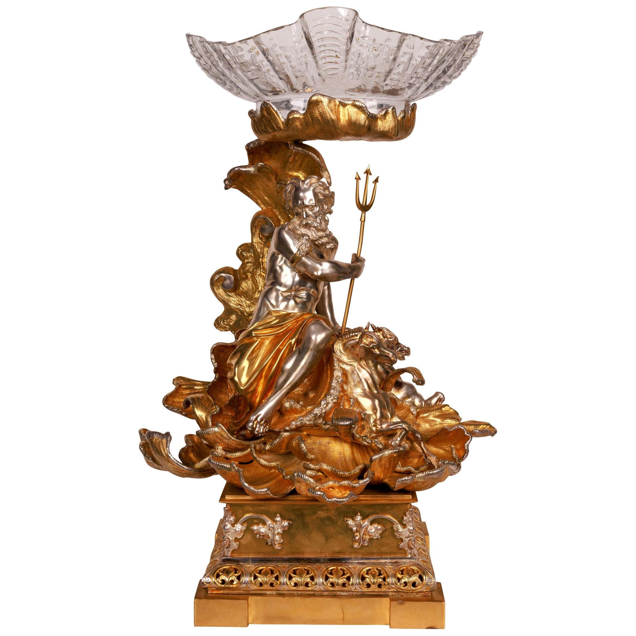 Monumental Silvered and Gilt-Bronze Glass Centerpiece of "Poseidon"
