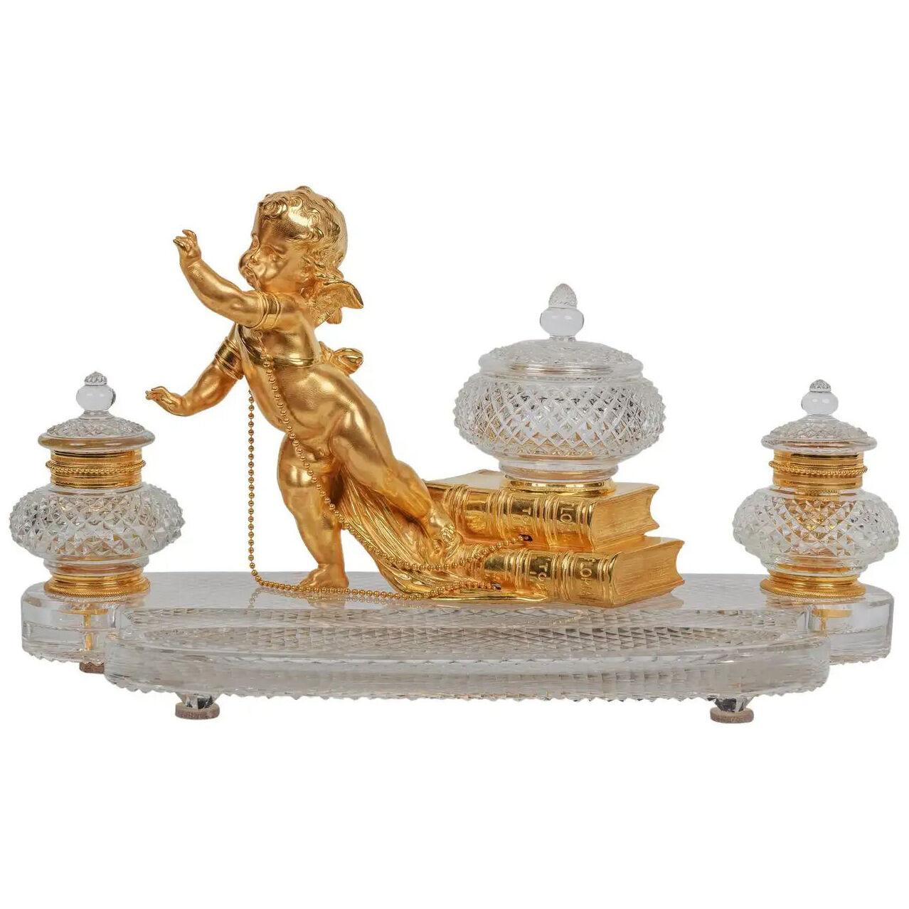 Rare French Ormolu and Diamond-Cut Crystal Figural Inkwell Encrier by Baccarat