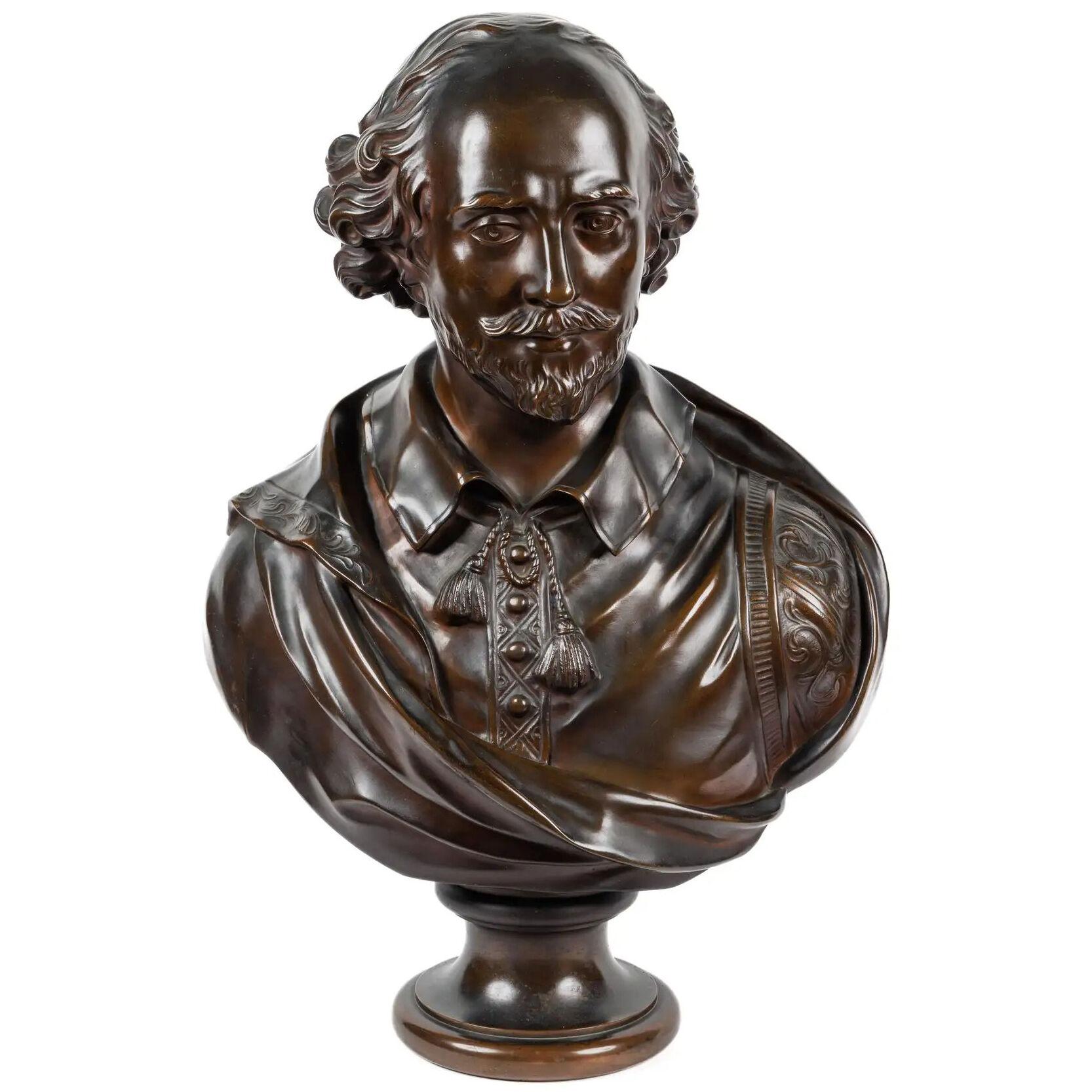 A Monumental French Patinated Bronze Bust of William Shakespeare, after Houdon