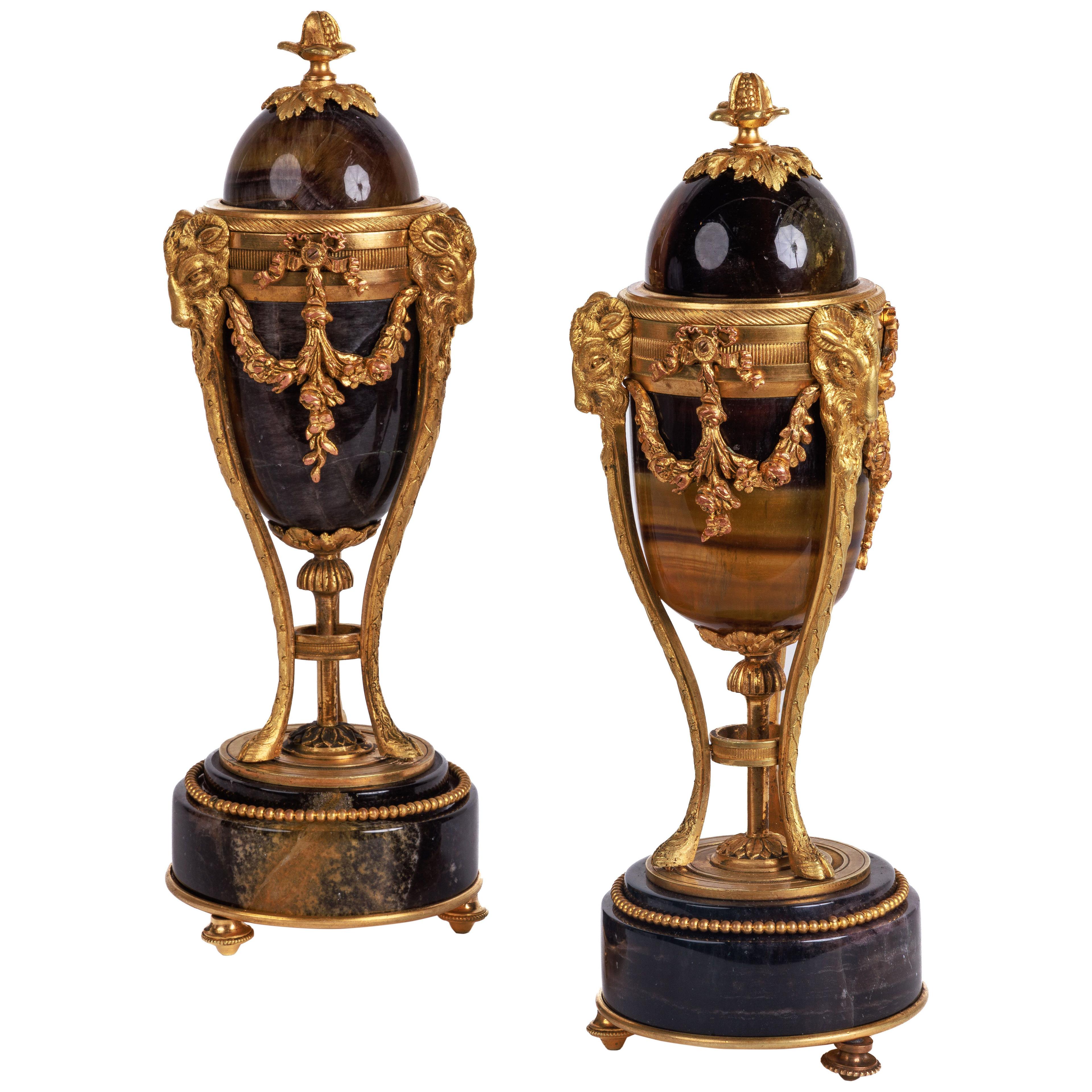 A Rare Pair of French Ormolu-Mounted Blue John Vases Candlesticks, C. 1870