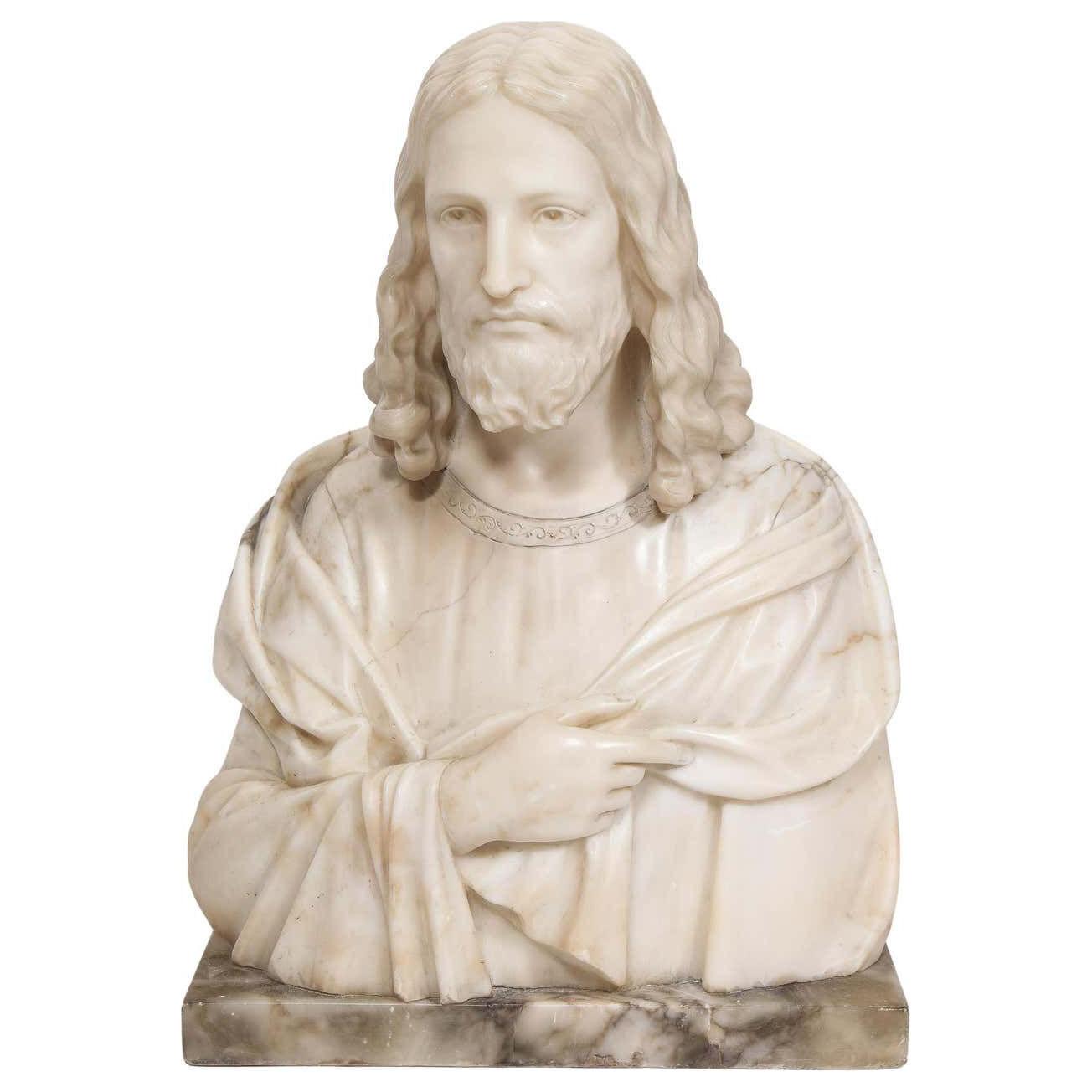 Magnificent 19th Century Italian Alabaster Bust Sculpture of Holy Jesus Christ 