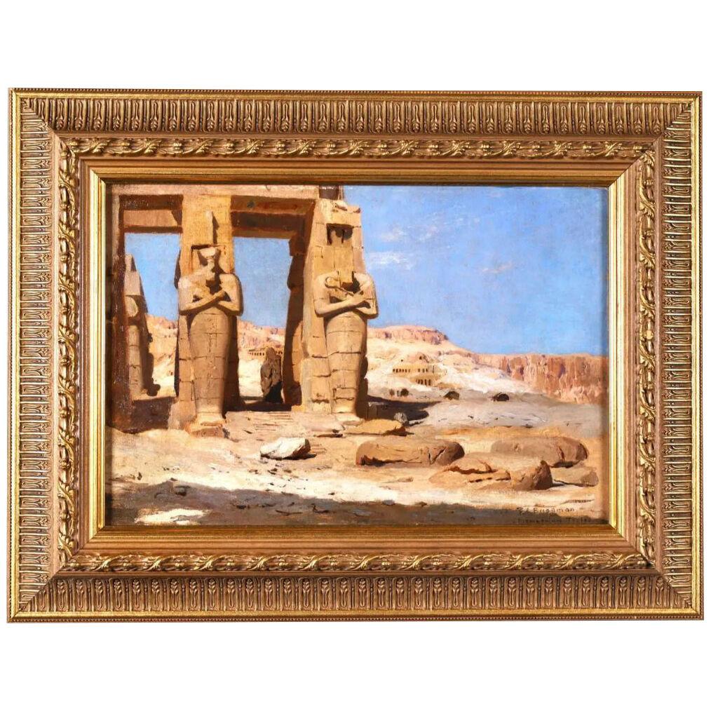 "Colossi of Memnon, Egypt" Rare Orientalist Landscape Painting 