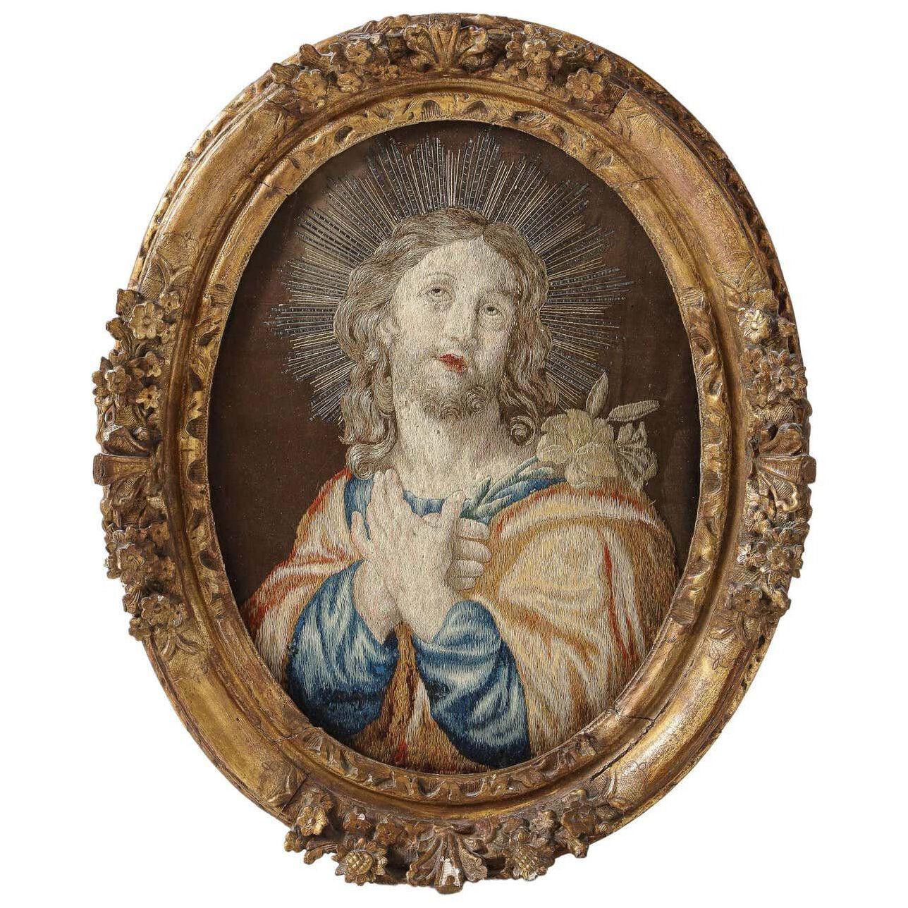 18th Century Italian Embroidered Panel of Holy Jesus Christ, in Original Frame