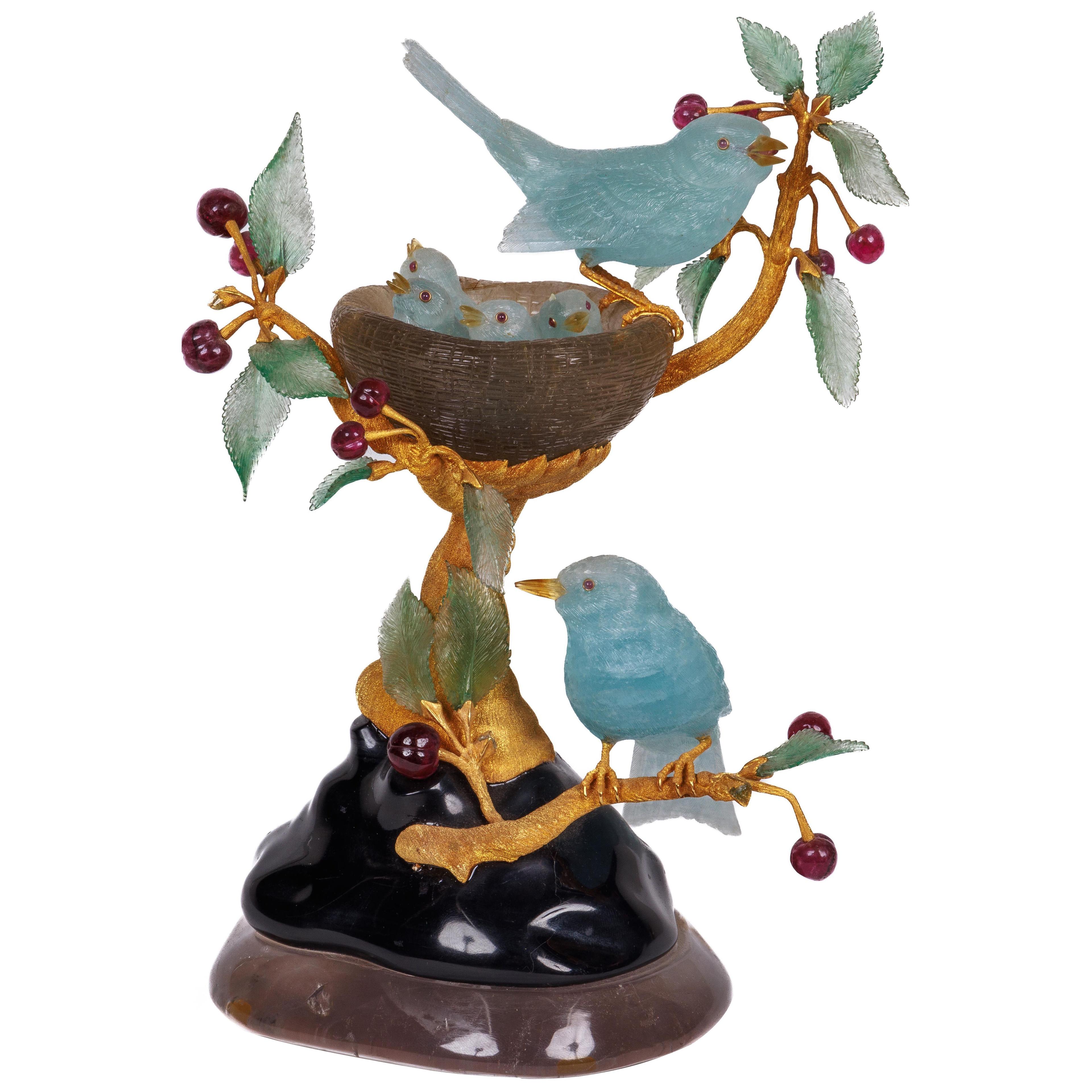 14K Gold, Ruby, and Aquamarine Study, "Birds and Nest in Cherry Tree" by Zadora