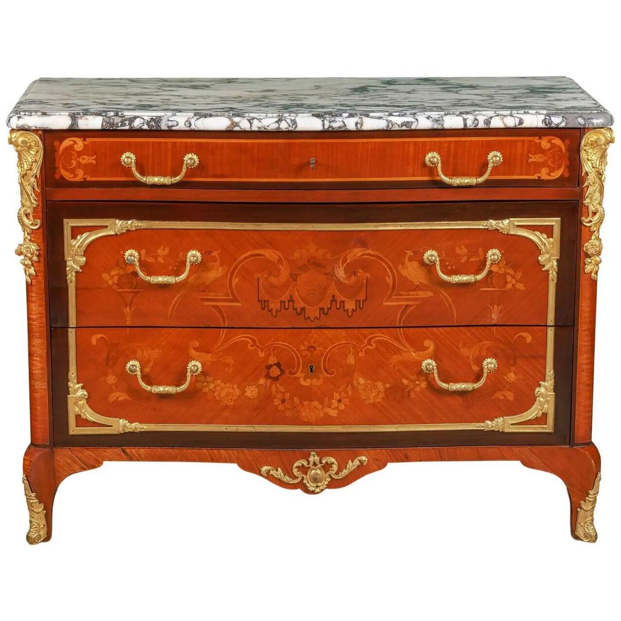 An Exquisite French Ormolu-Mounted Mahogany Parquetry Marble-Top Commode C. 1870