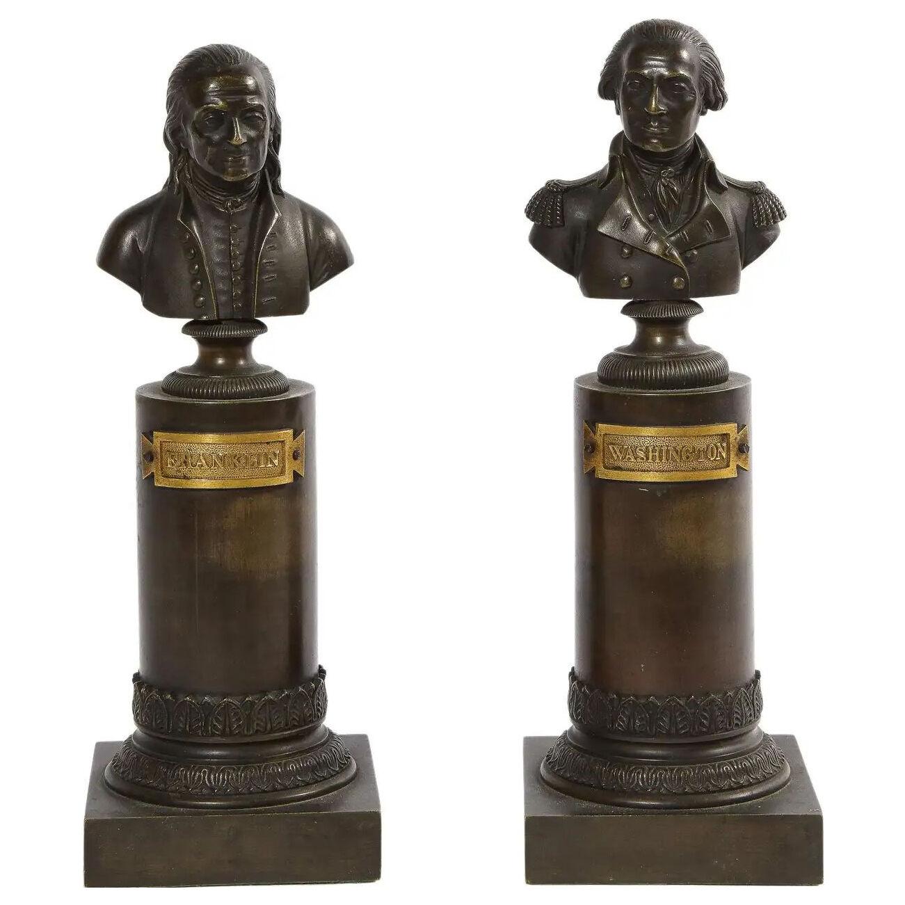 Rare Pair of American Bronze Busts of George Washington and Benjamin Franklin