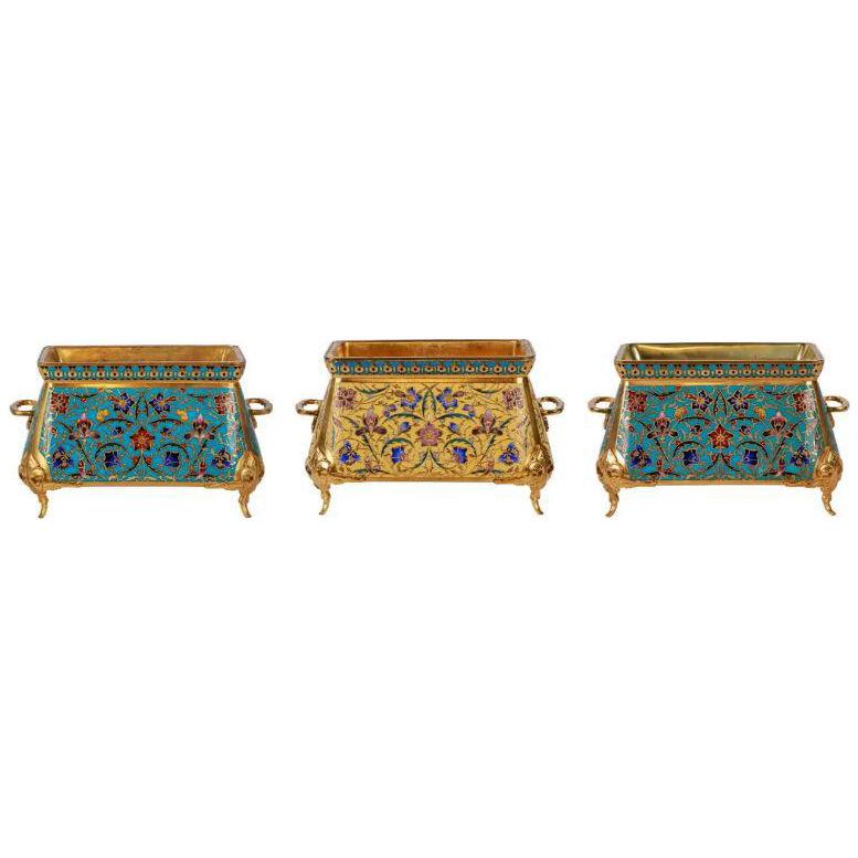 F. Barbedienne, A Suite of Three French Ormolu and Champleve Enamel Jardinieres
