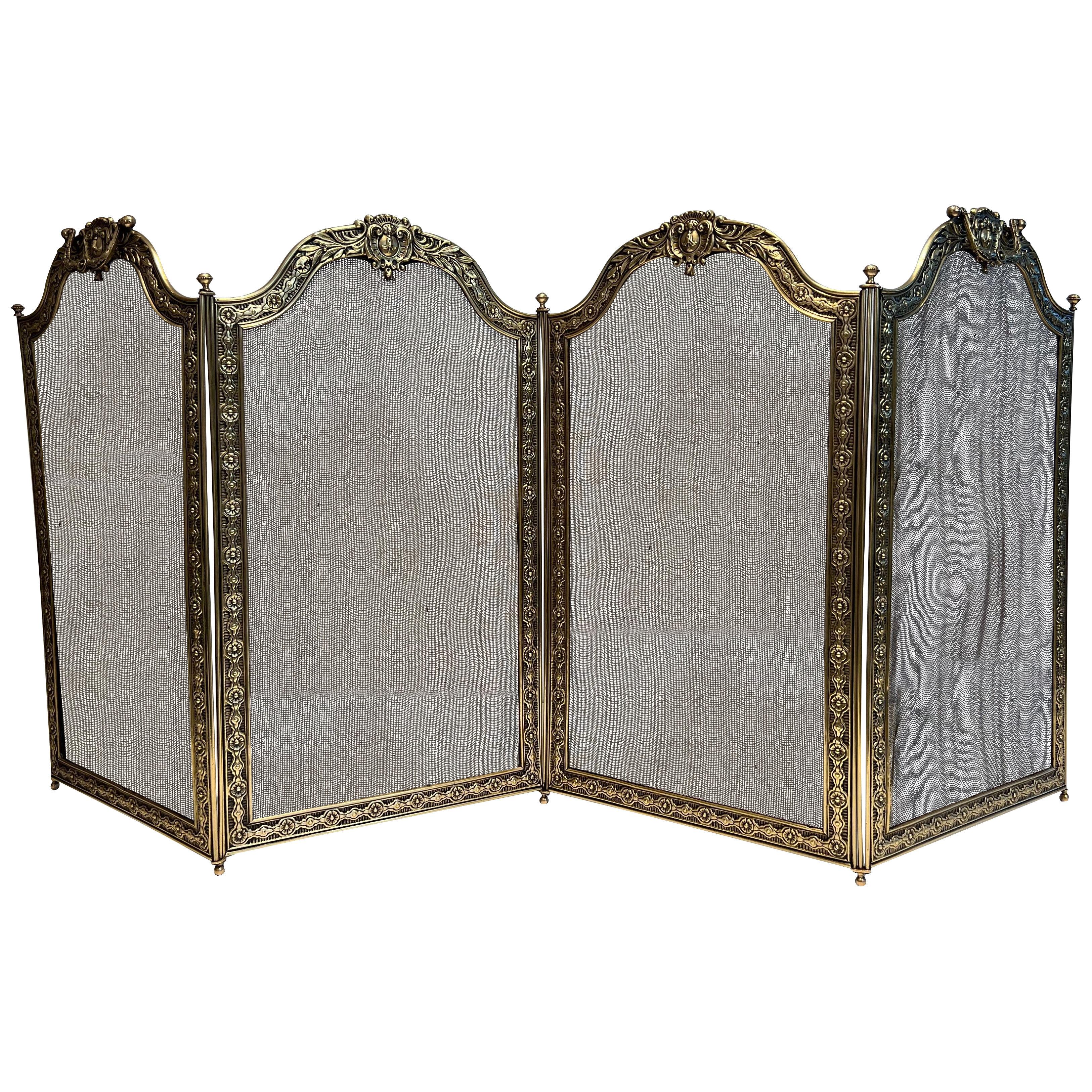 Large Louis the 16th Style 4 Panels Brass and Grilling Folding Fireplace Screen