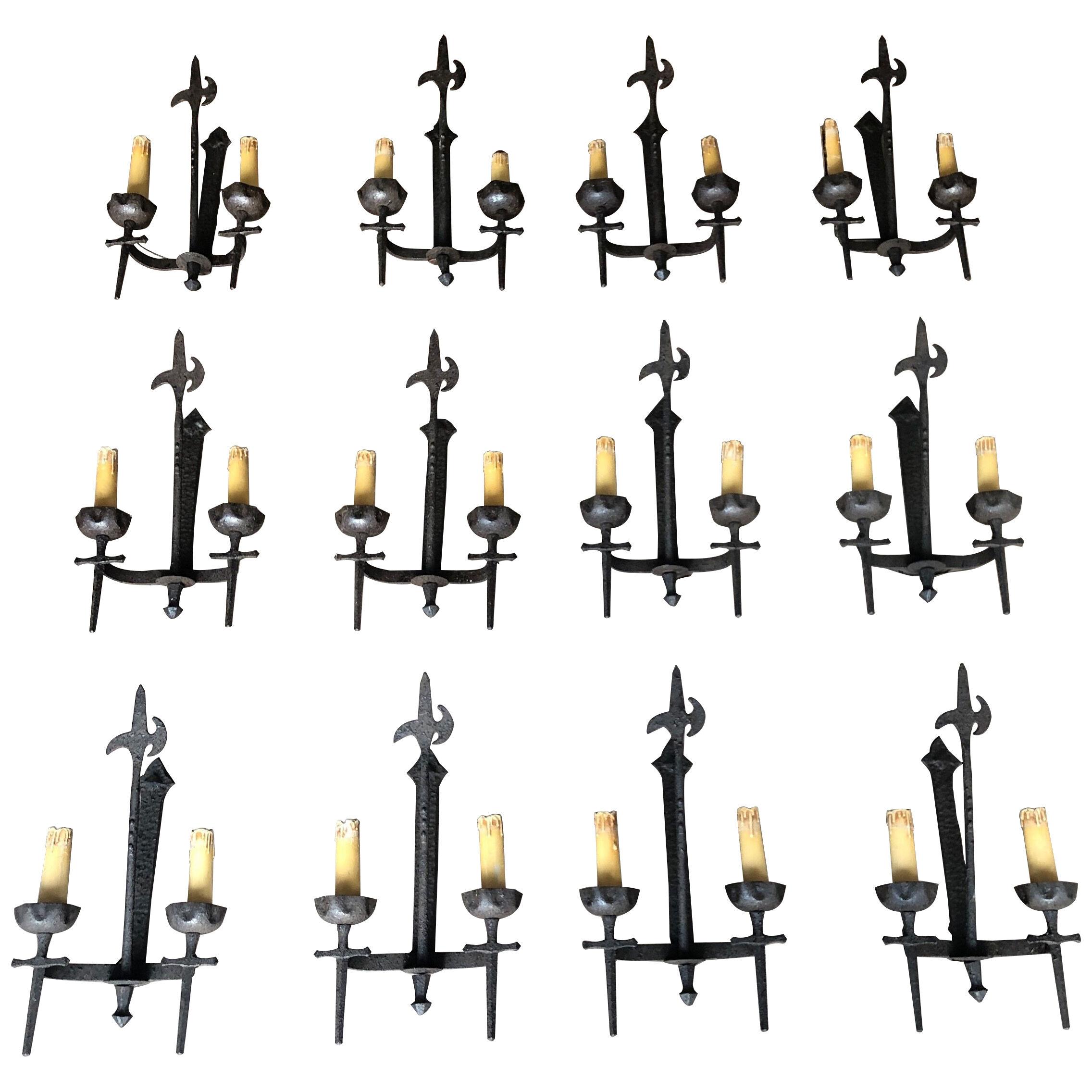 Rare Set of 12 Large Wrought Iron Castle Wall Lights, Circa 1940