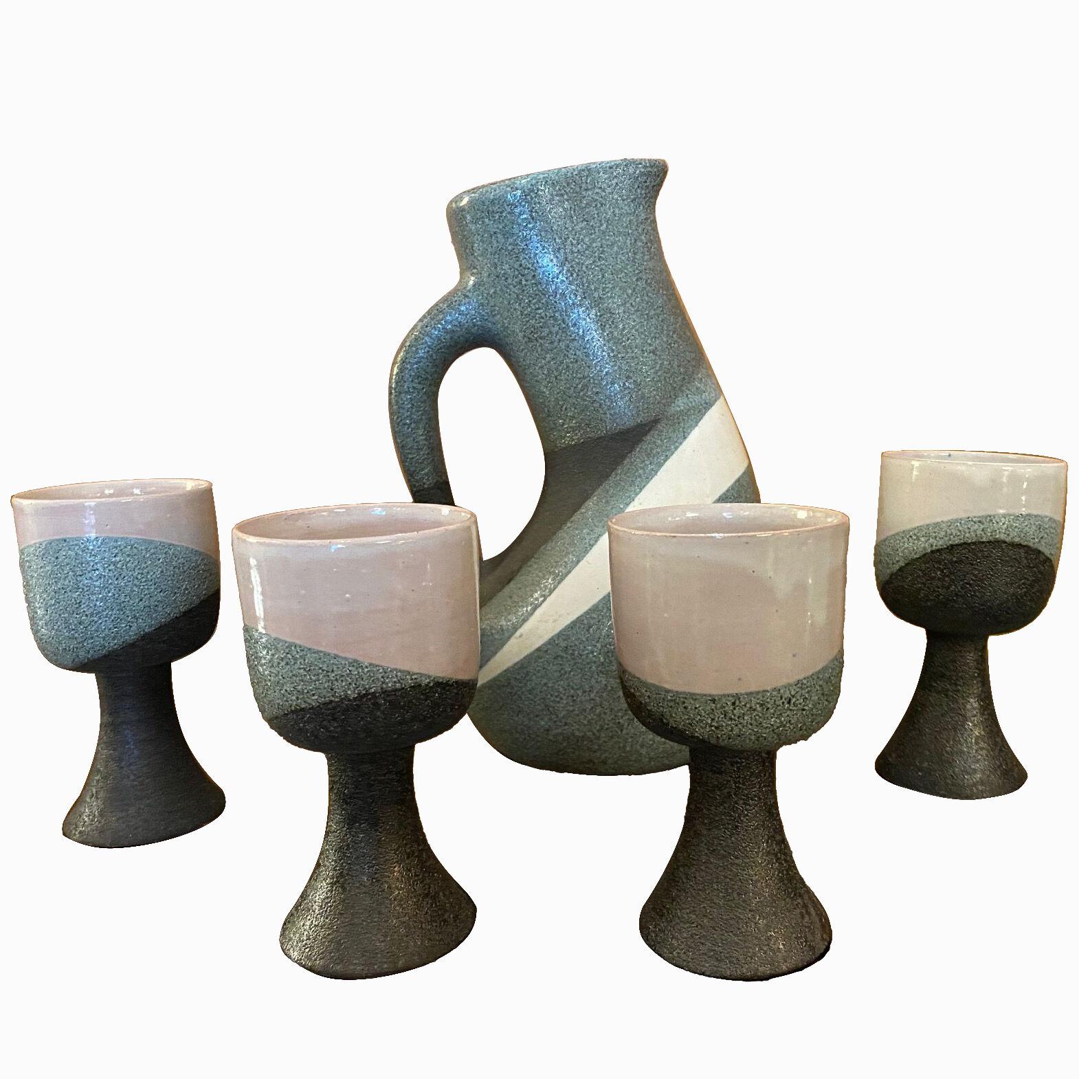 Ceramic jug and set of four cups/chalices by Gilbert Valentin, France, 1950s