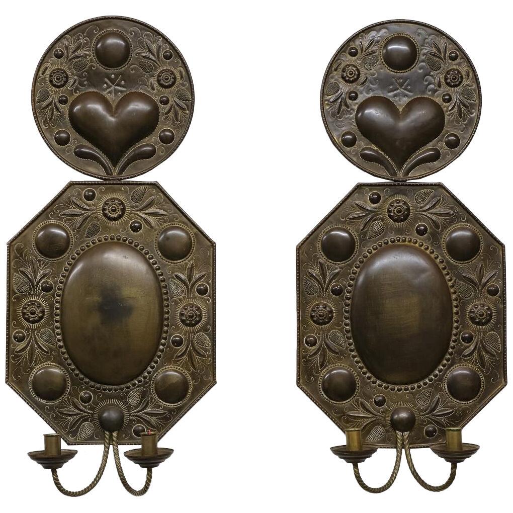 Large Pair of Swedish Repousse Brass Wall Sconces