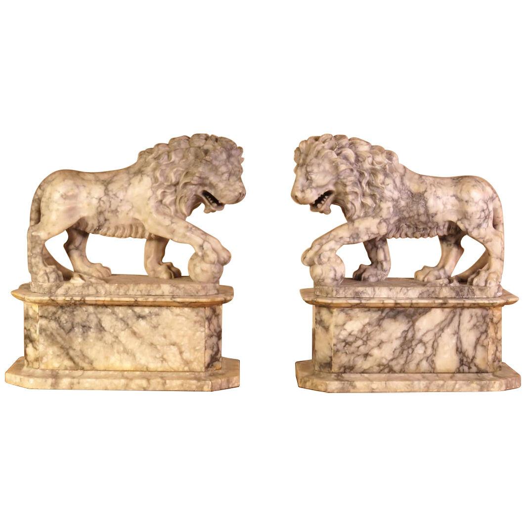 A Pair of 19th Century Grand Tour Alabaster Carved Lions