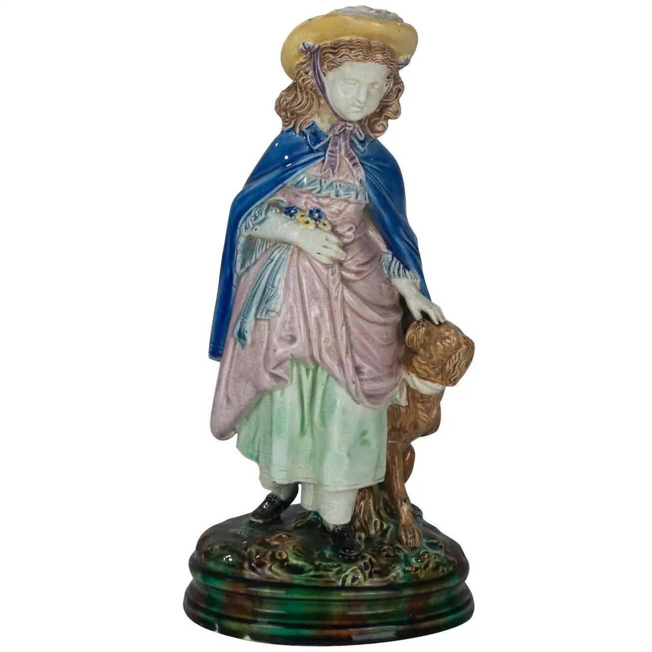 Holdcroft Majolica Figure of a Little Girl and Dog, English, ca. 1880--12.5 ins.