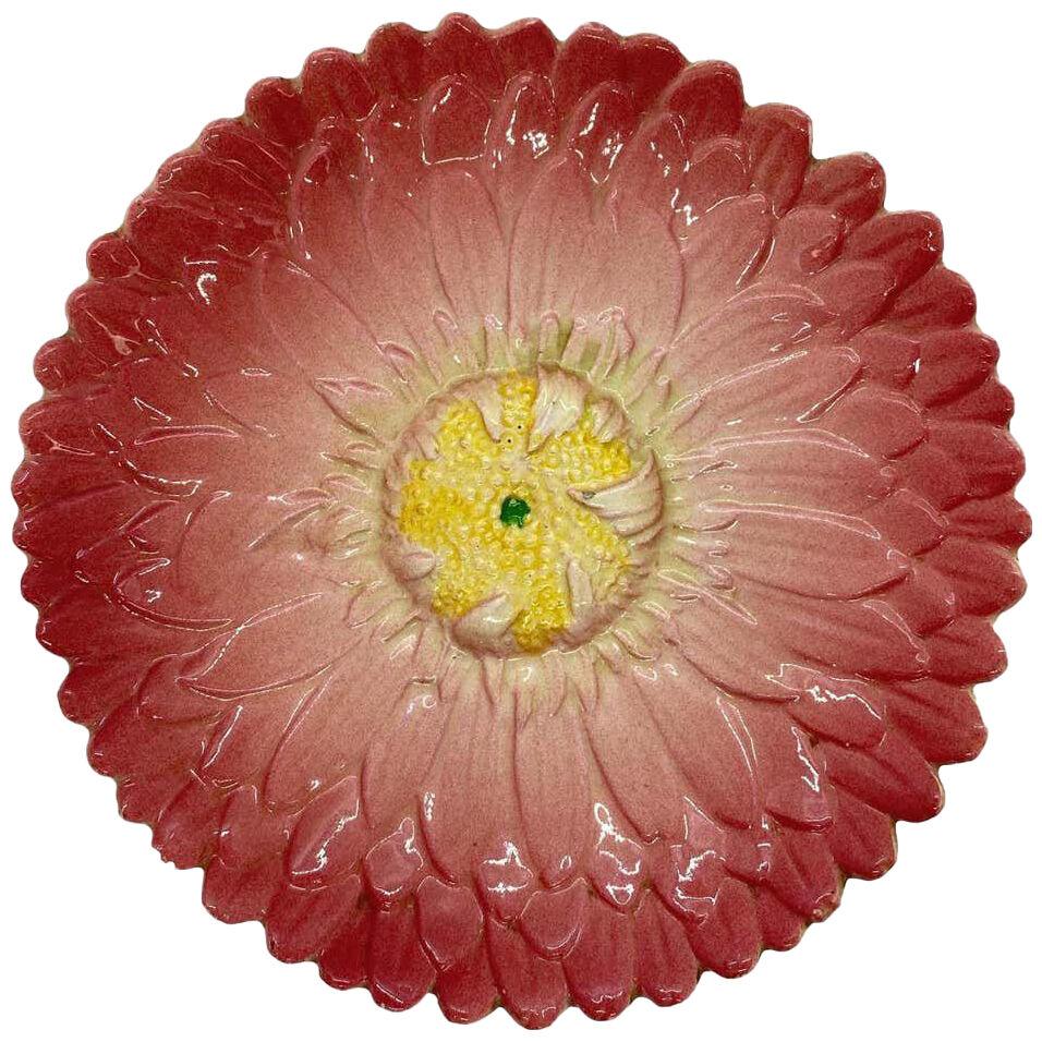 French Majolica Trompe L'oeil Pink Sunflower Plate by Delphin Massier circa 1870