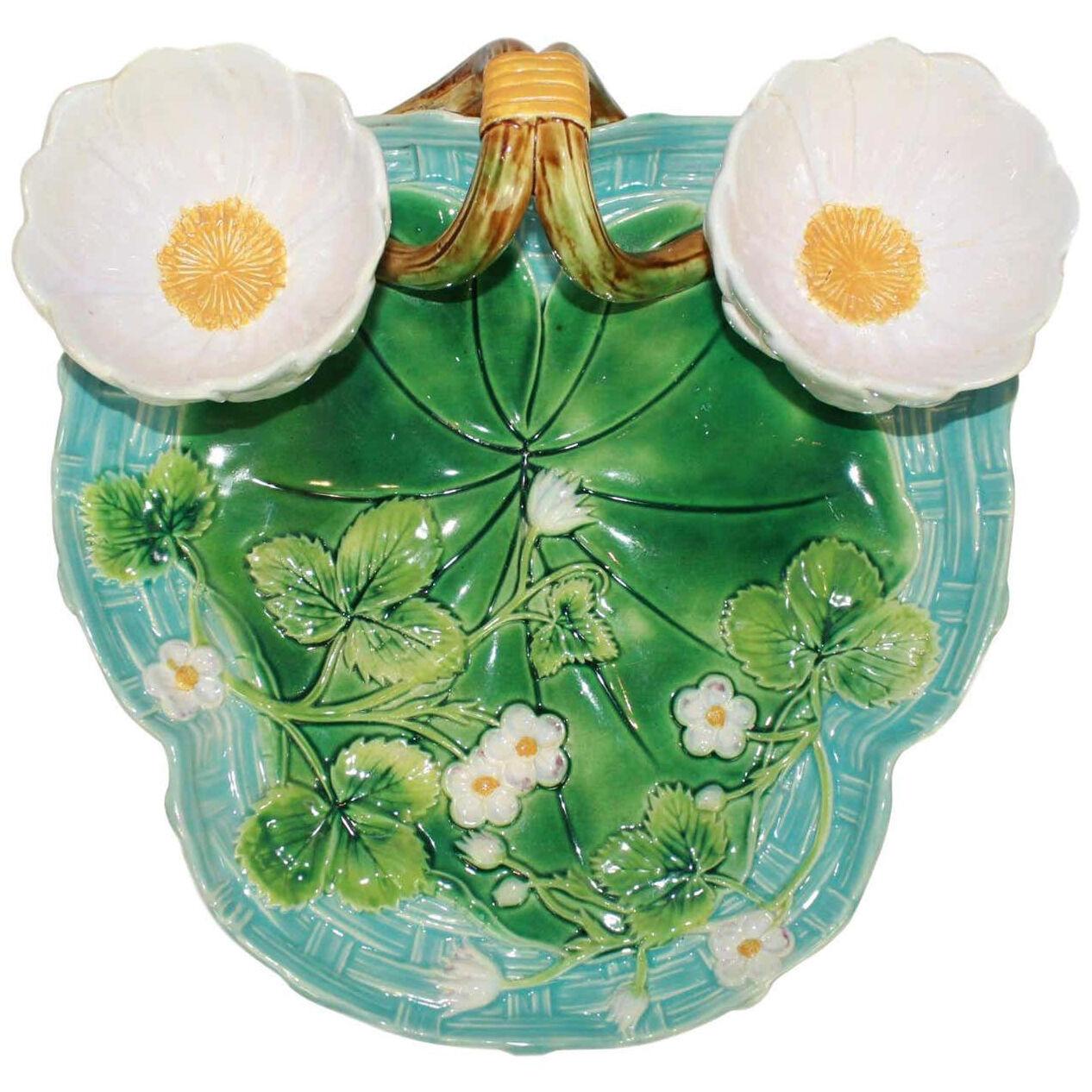 George Jones Majolica Strawberry Server Turquoise and Green, English, Dated 1877
