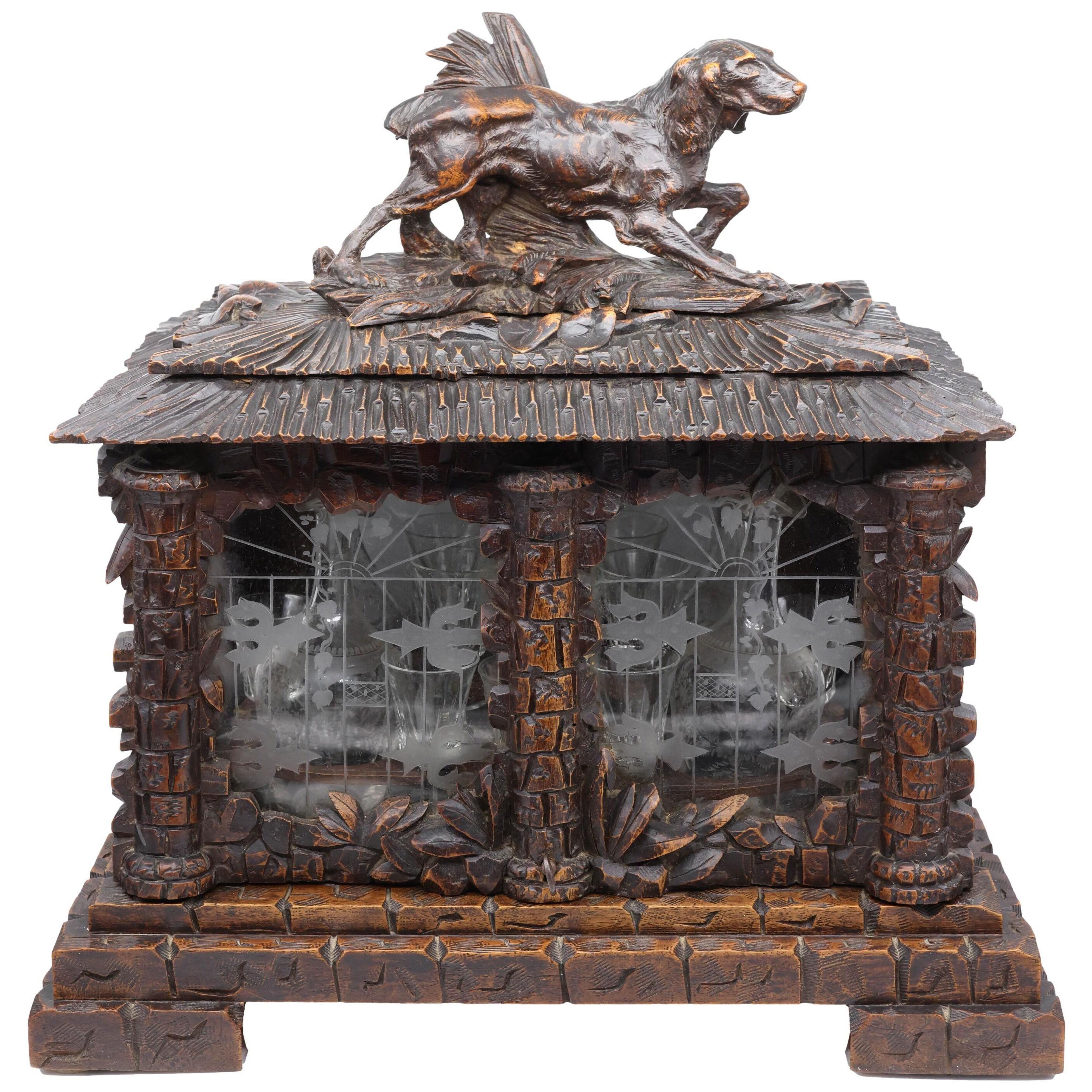 Black Forest Carved Tantalus Set with Sporting Dog, Solid Walnut, Swiss, c. 1885