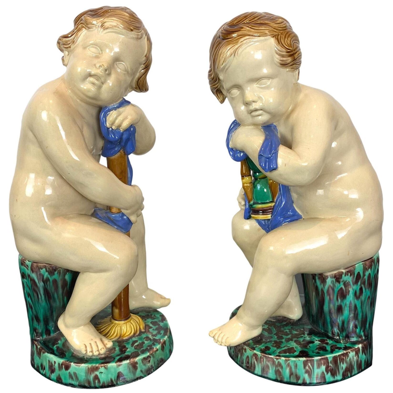 Pair Minton Majolica Putti Figures Allegorical of Time Passage, 1862, H-19ins