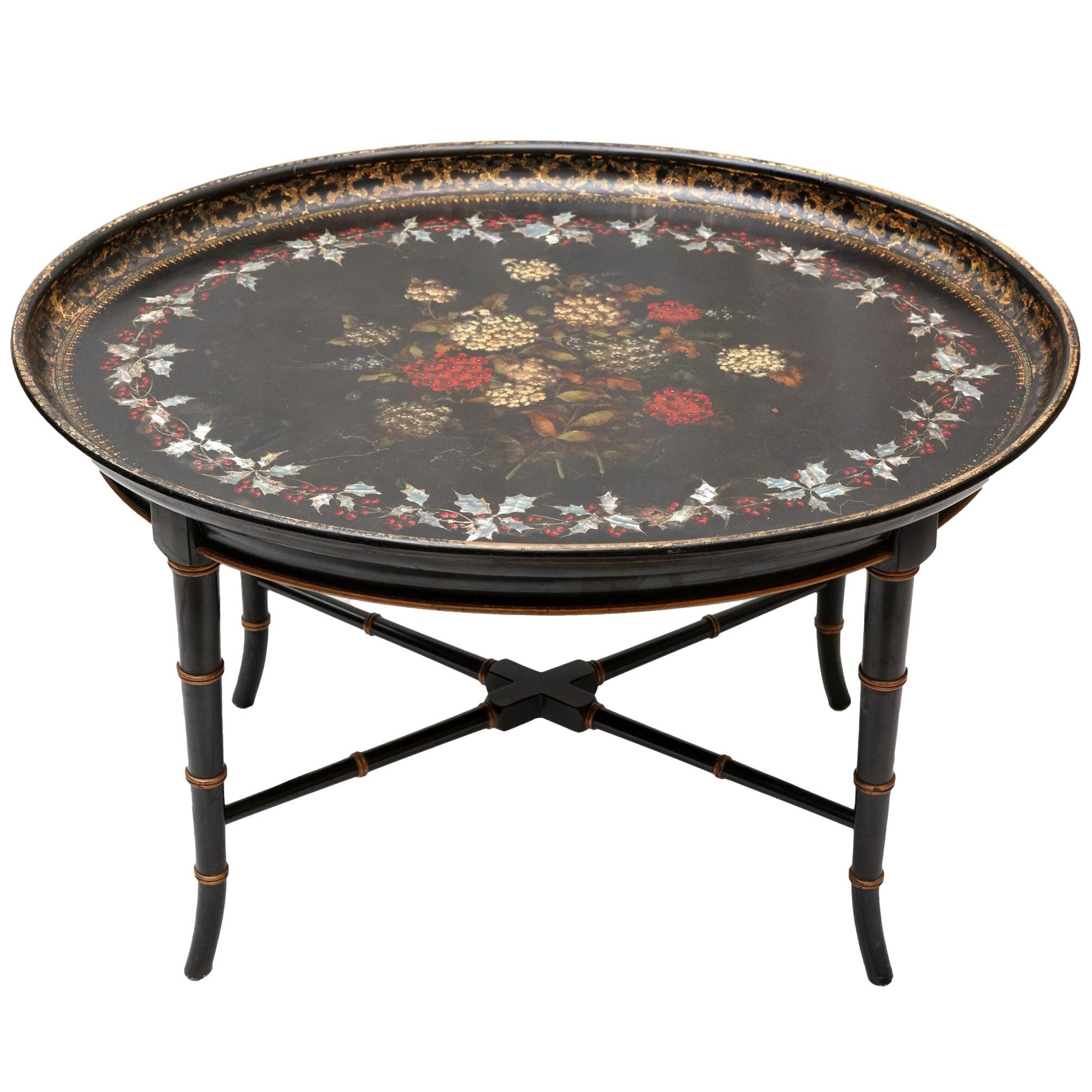 Mother-of-Pearl Inlaid and Ebonized Paper Mache Tray Table, English, ca. 1850