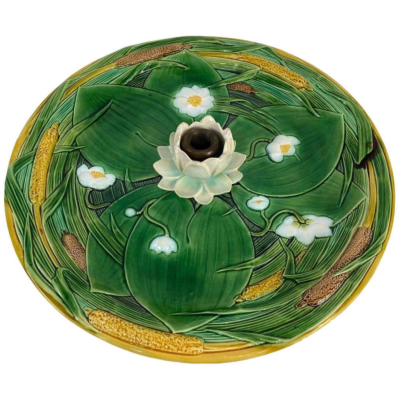 Minton Majolica Centerpiece Tray 15-in, Lotus Flower on Green Ground, Dated 1863