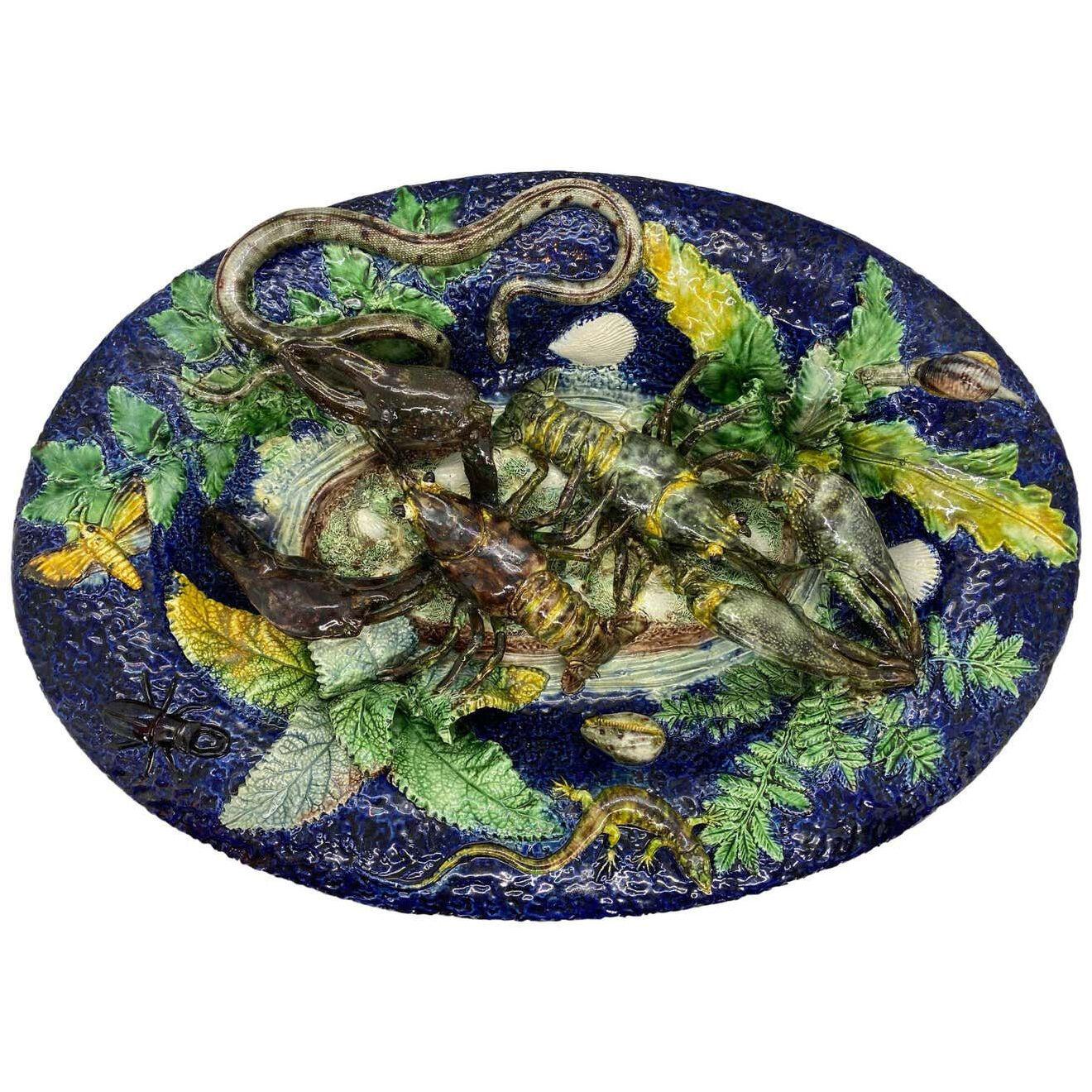Majolica Palissy Ware Plaque, Victor Benizet, Lobsters Cobalt Blue French