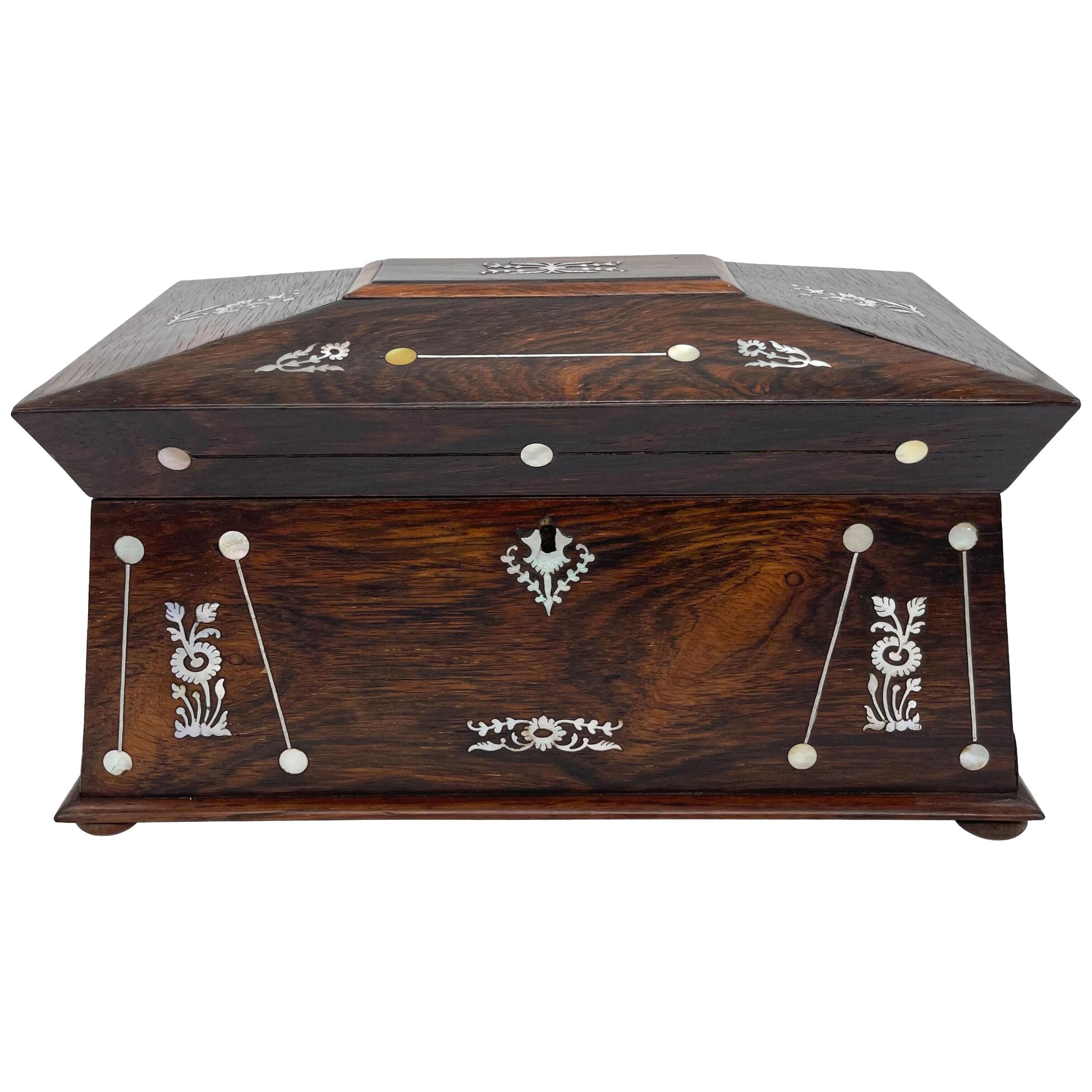 Large William IV Rosewood Tea Caddy with Mother-of-Pearl Inlays, ca. 1835