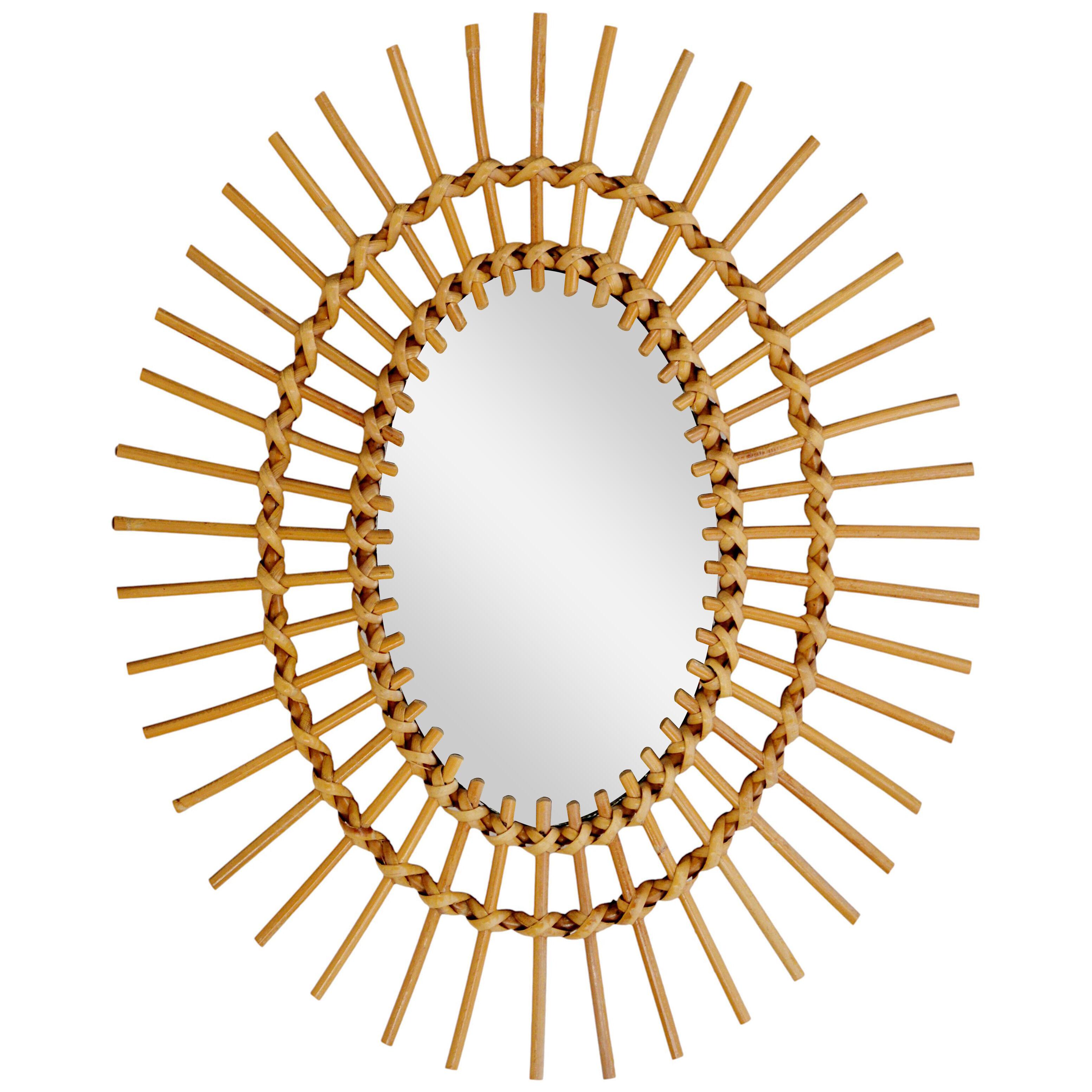 French Mid-century Bamboo & Rattan Wall Mirror, 1950s