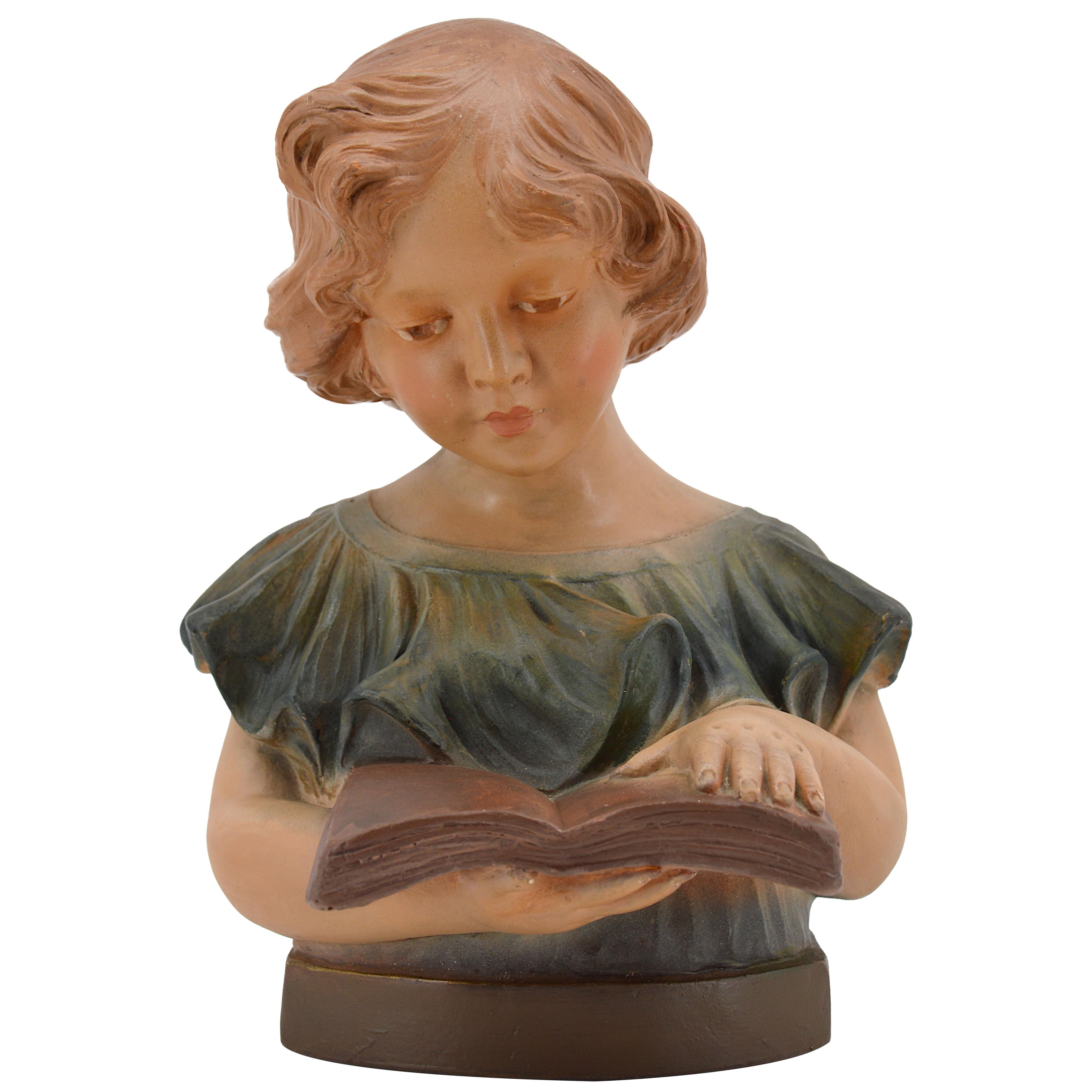 French Art Deco Plaster Child Reading A Book Sculpture, 1920s