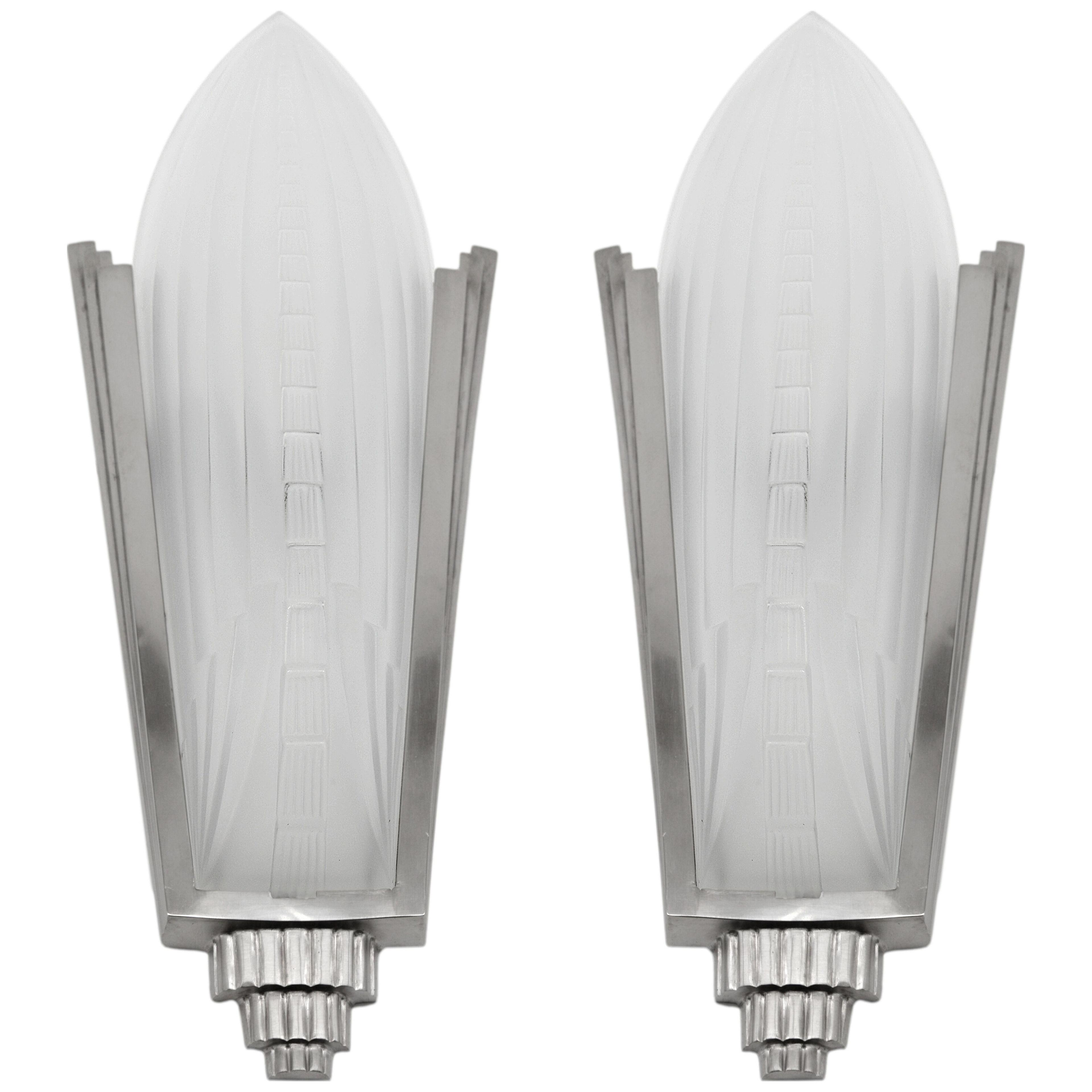 GENET & MICHON Large French Art Deco Pair of Wall Sconces, 1920s