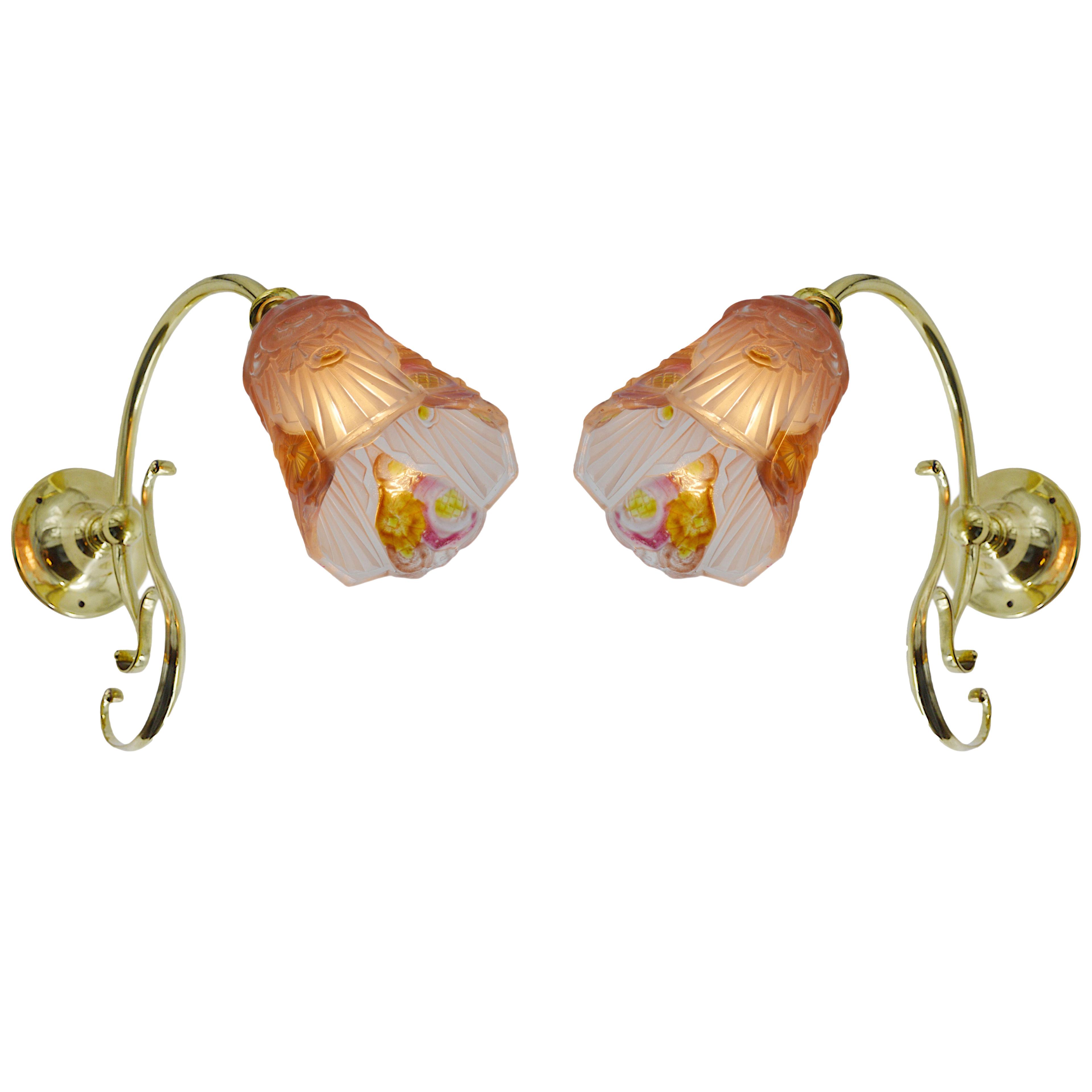 Jean GAUTHIER French Art Deco Pair of Enameled Wall Sconces, 1920s