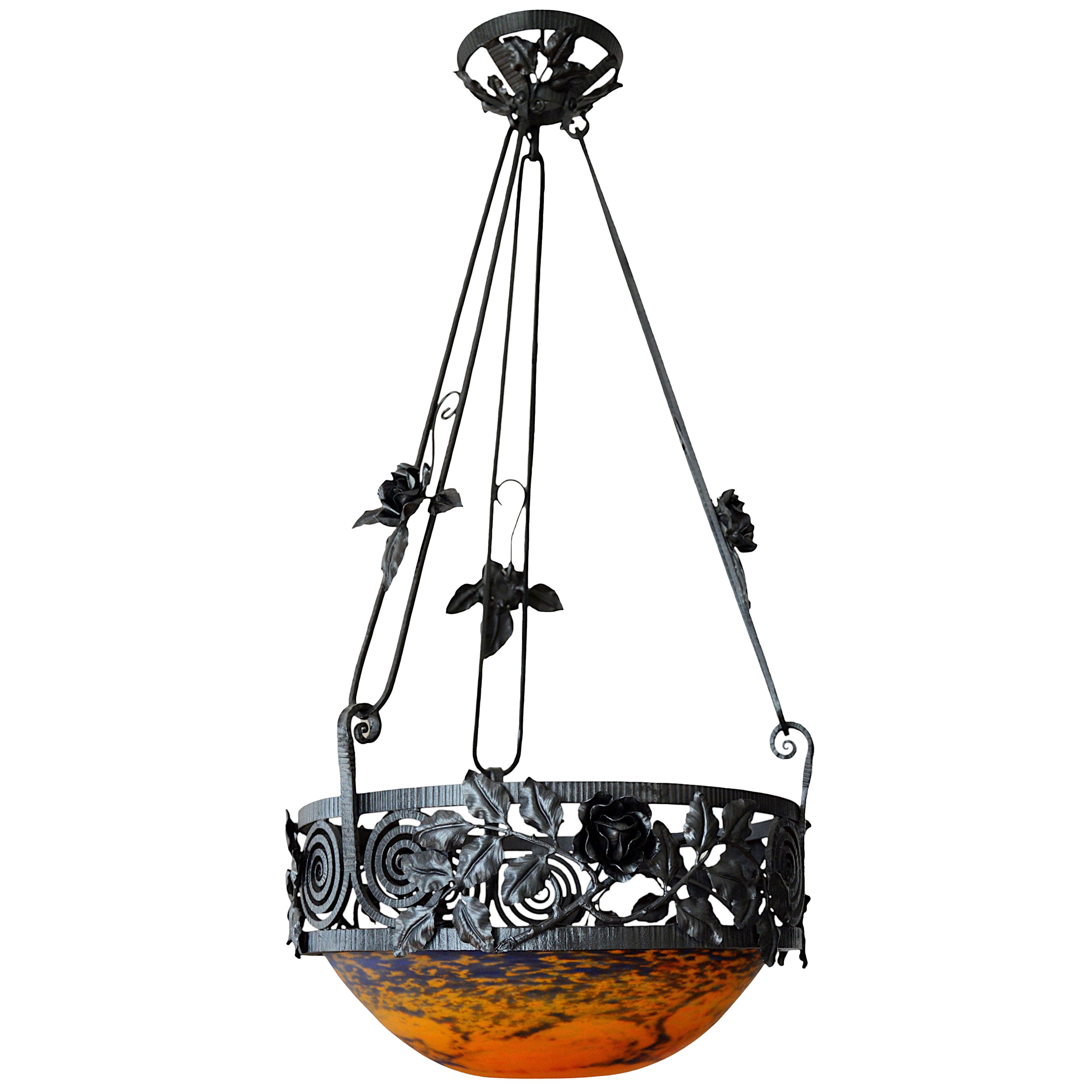Jean NOVERDY French Art Deco Wrought-iron Pendant Chandelier, Late 1920s