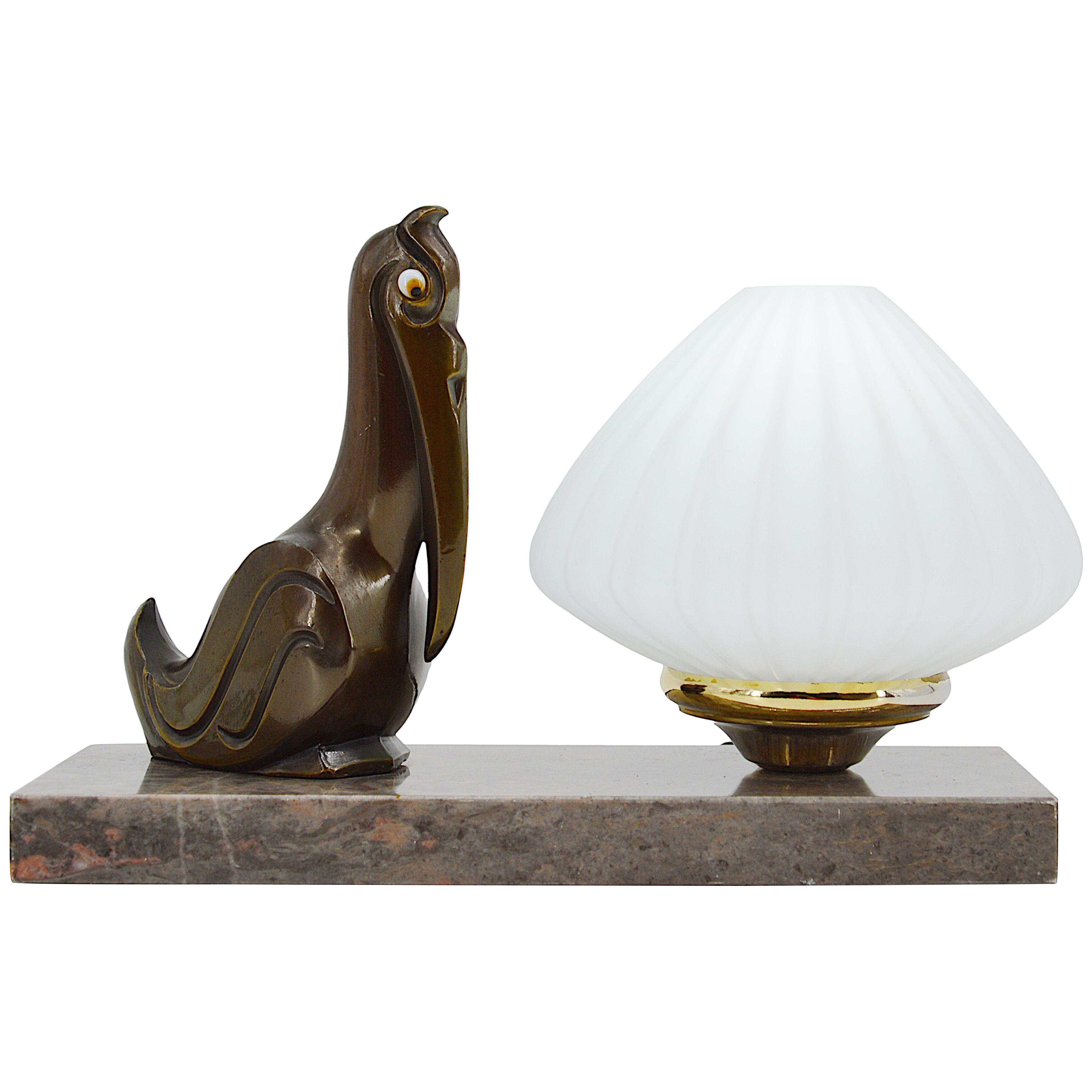 French Art Deco Pelican Table Lamp Night-light, 1930s