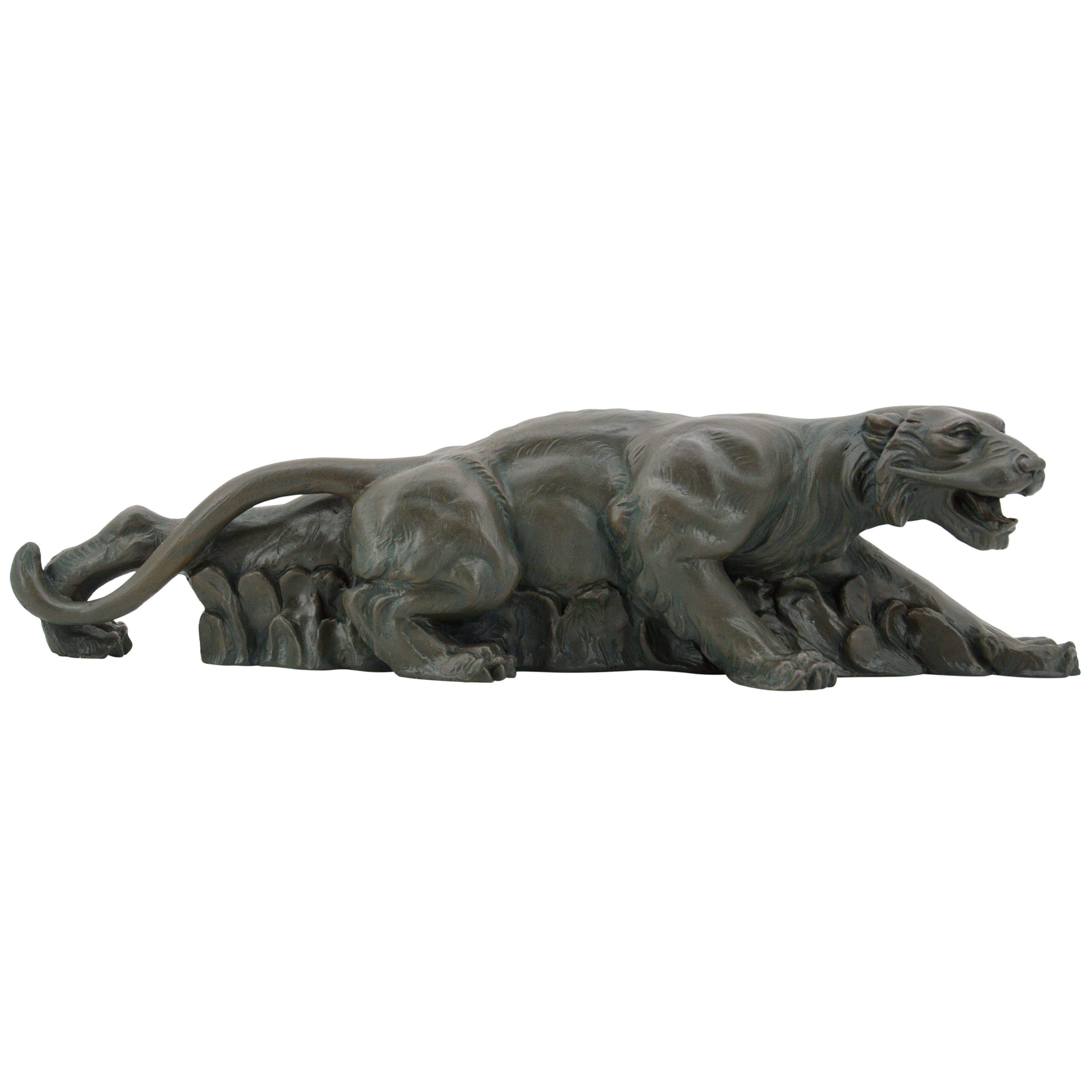French Art Deco Tiger On The Prowl Sculpture, 1930s