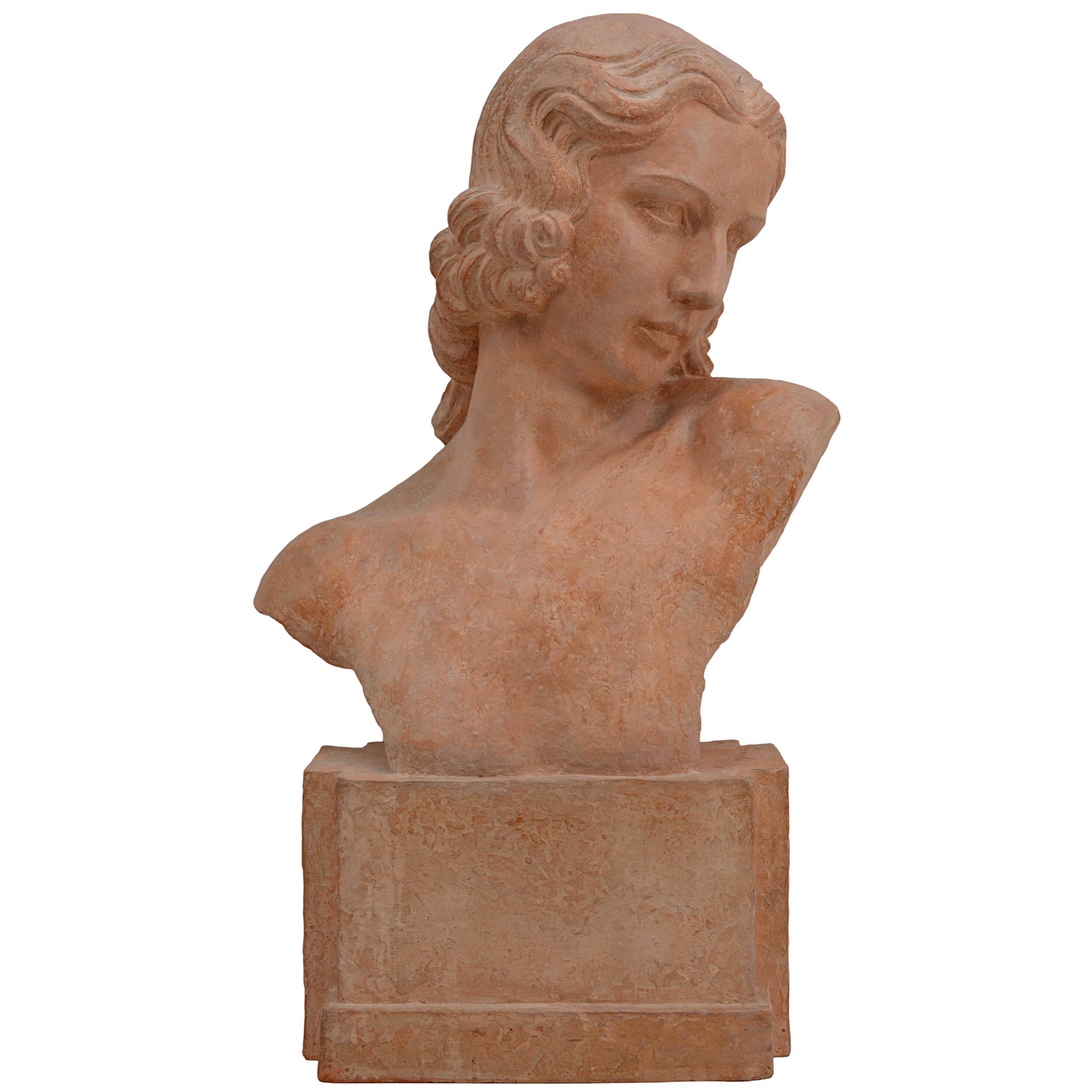 Demetre CHIPARUS French Art Deco Terracotta Lady Bust Sculpture, 1920s