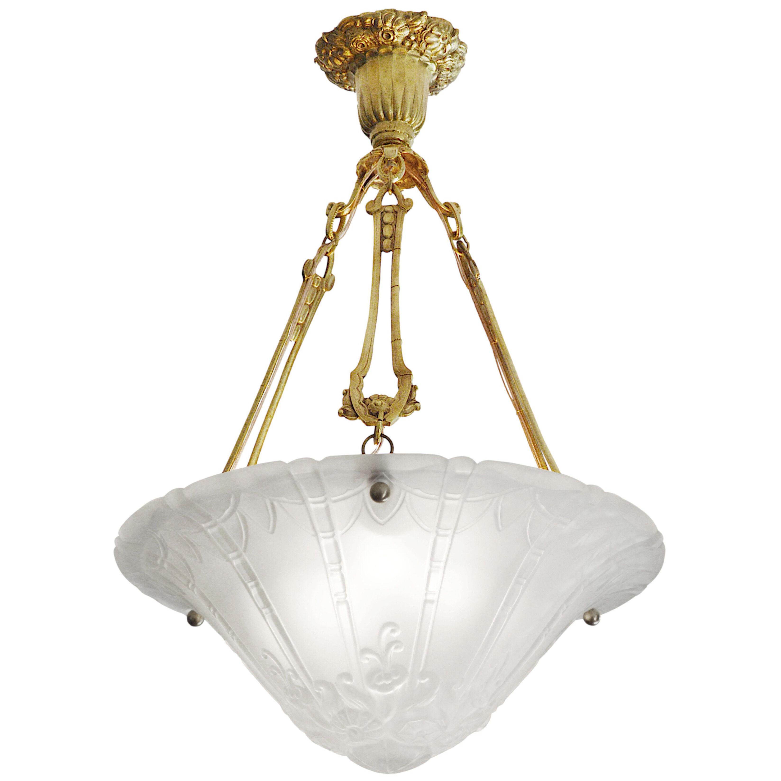 DAUM Pierre d'AVESN Large French Art Deco Pendant Chandelier, Early 1930s