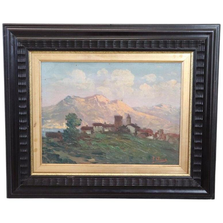 Early 20th Century Oil on Board Italian Painting Mountain Town, Signed