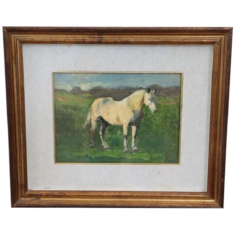 Early 20th Century Oil Painting on Board, White Horse, Signed by Edwin Ganz