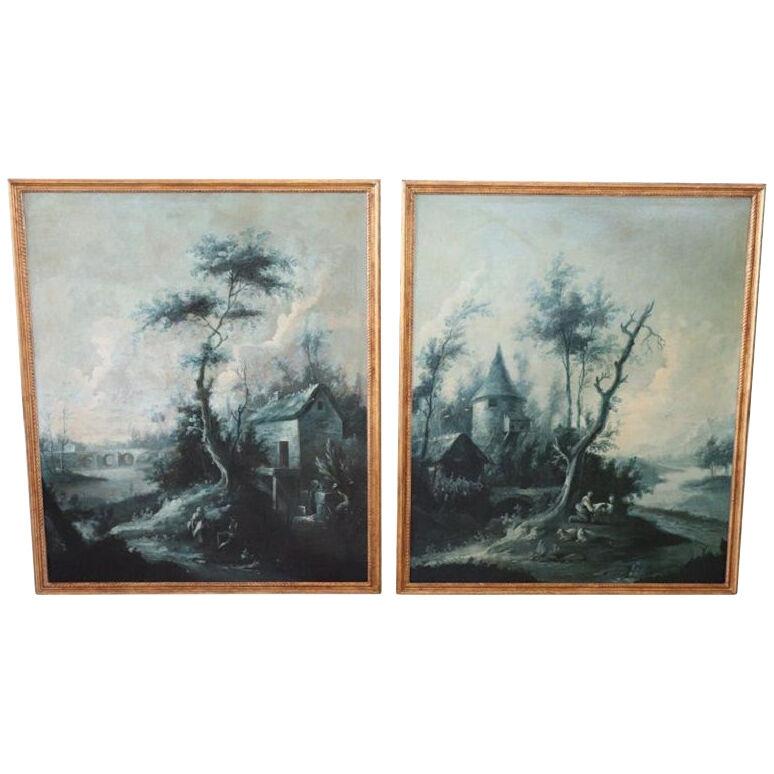Monochrome Oil Paintings on Canvas Large Antique Landscapes, Set of 2