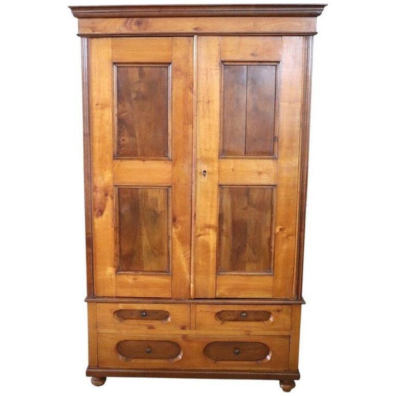 19th Century Italian Solid Cherry and Walnut Wood Antique Wardrobe or Armoire