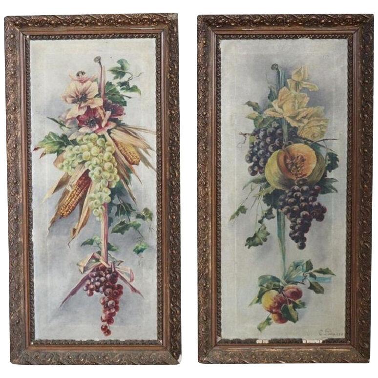 Set of Two Oil Painting on Canvas, Signed, Composition with Flowers and Fruit