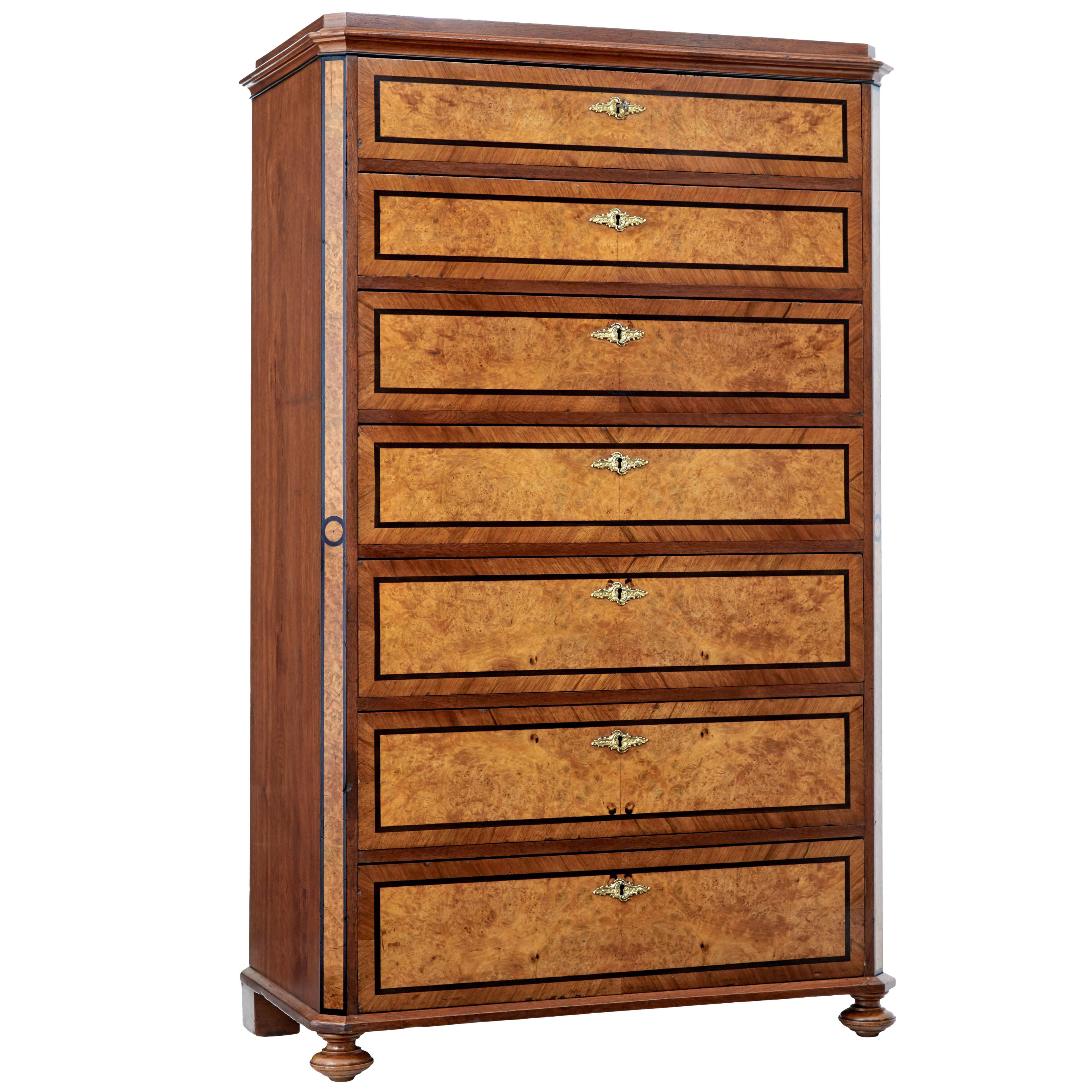 19TH CENTURY BURR WALNUT TALL CHEST OF DRAWERS
