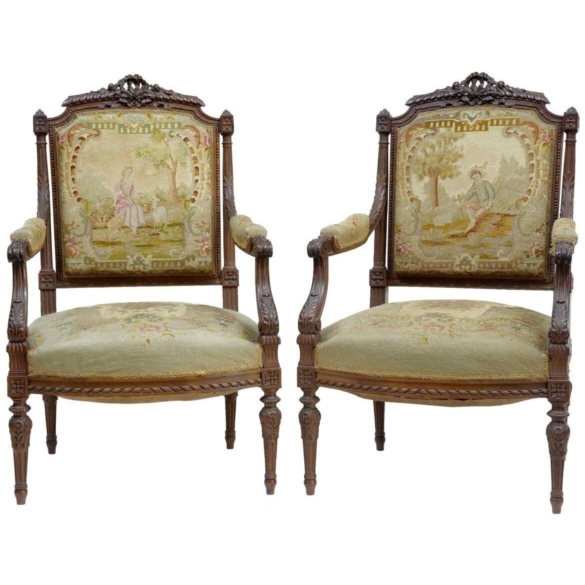 19TH CENTURY FRENCH CARVED WALNUT TAPESTRY ARMCHAIRS