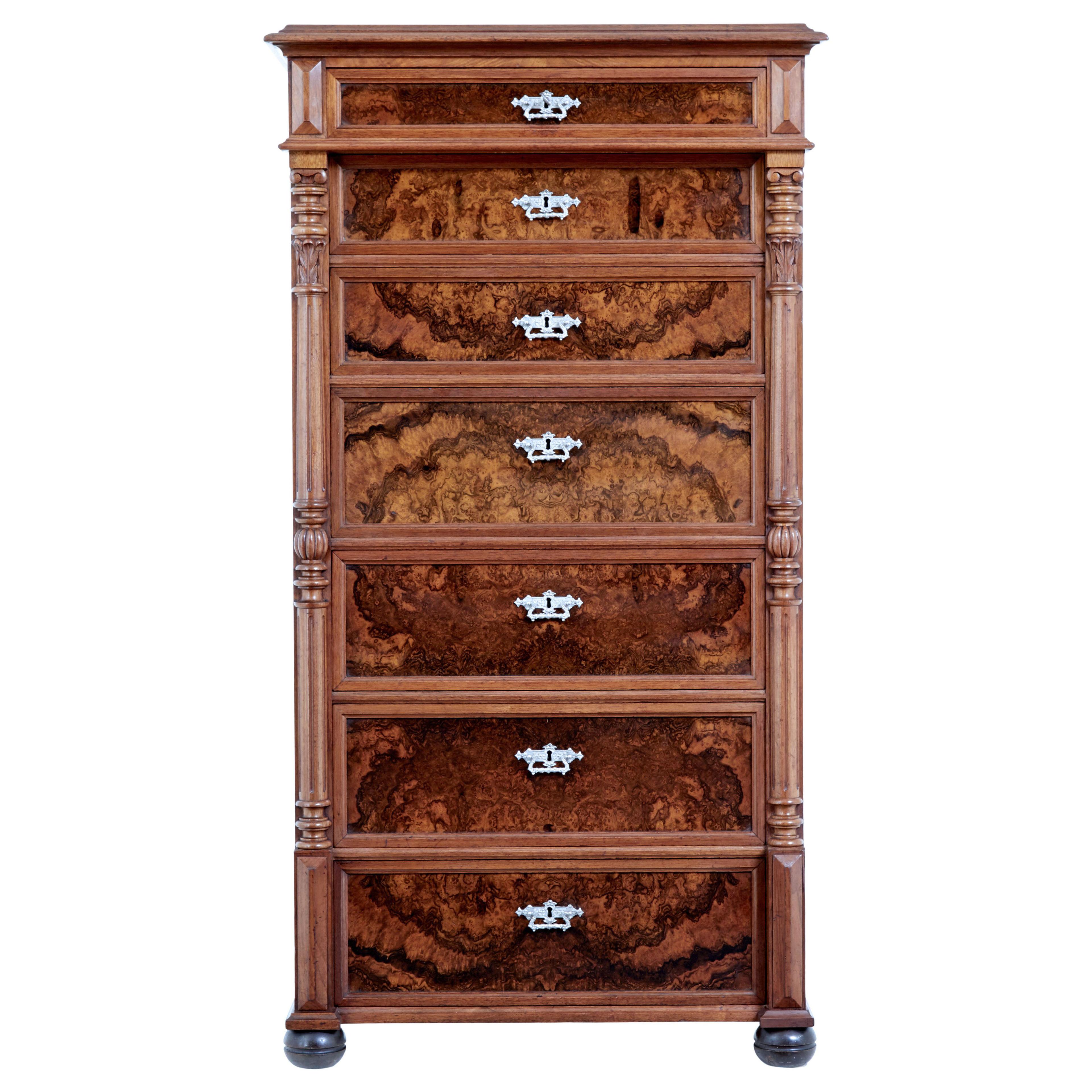 19TH CENTURY BURR WALNUT SECRETAIRE TALL CHEST OF DRAWERS