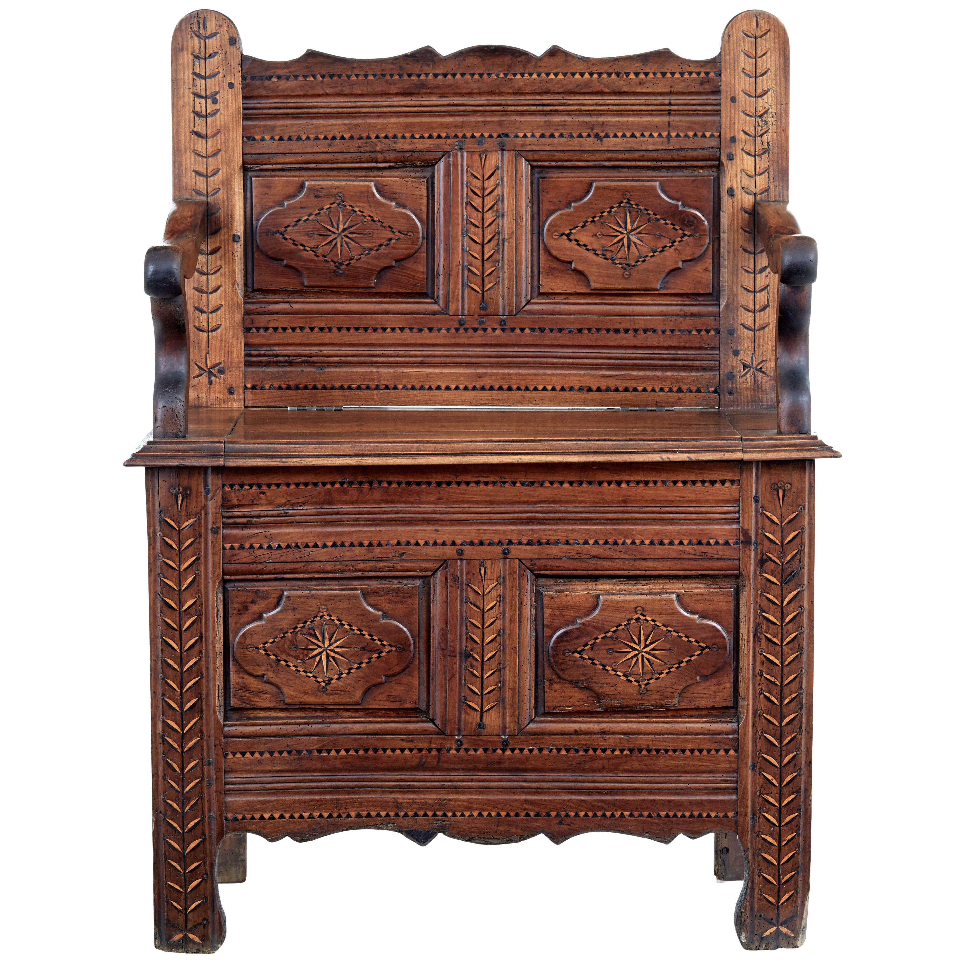 FRENCH 18TH CENTURY SMALL INLAID CHESTNUT SETTLE