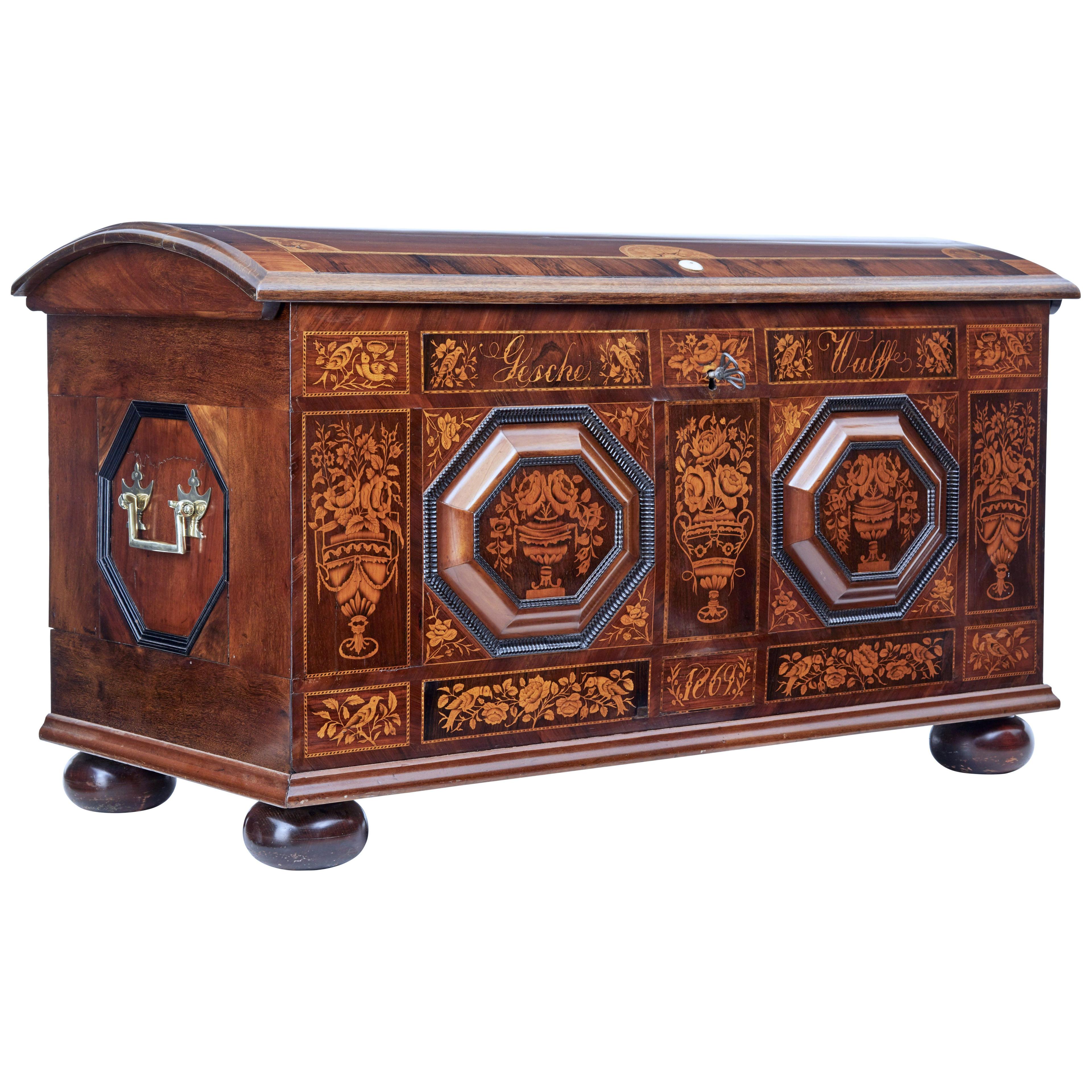     MID 19TH CENTURY PROFUSELY INLAID CONTINENTAL WALNUT DOME CHEST