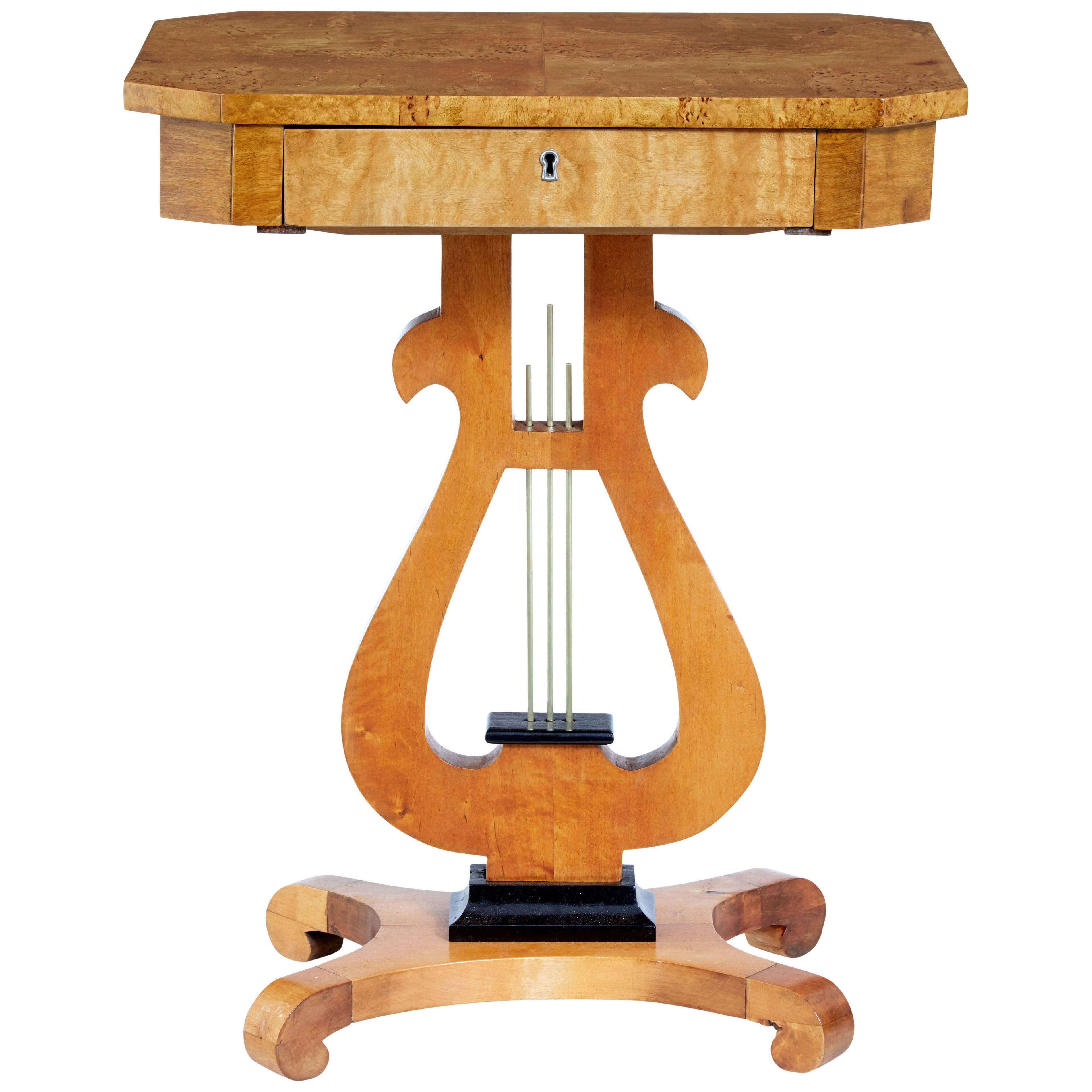 19TH CENTURY BIRCH AND BURR LYRE SIDE TABLE