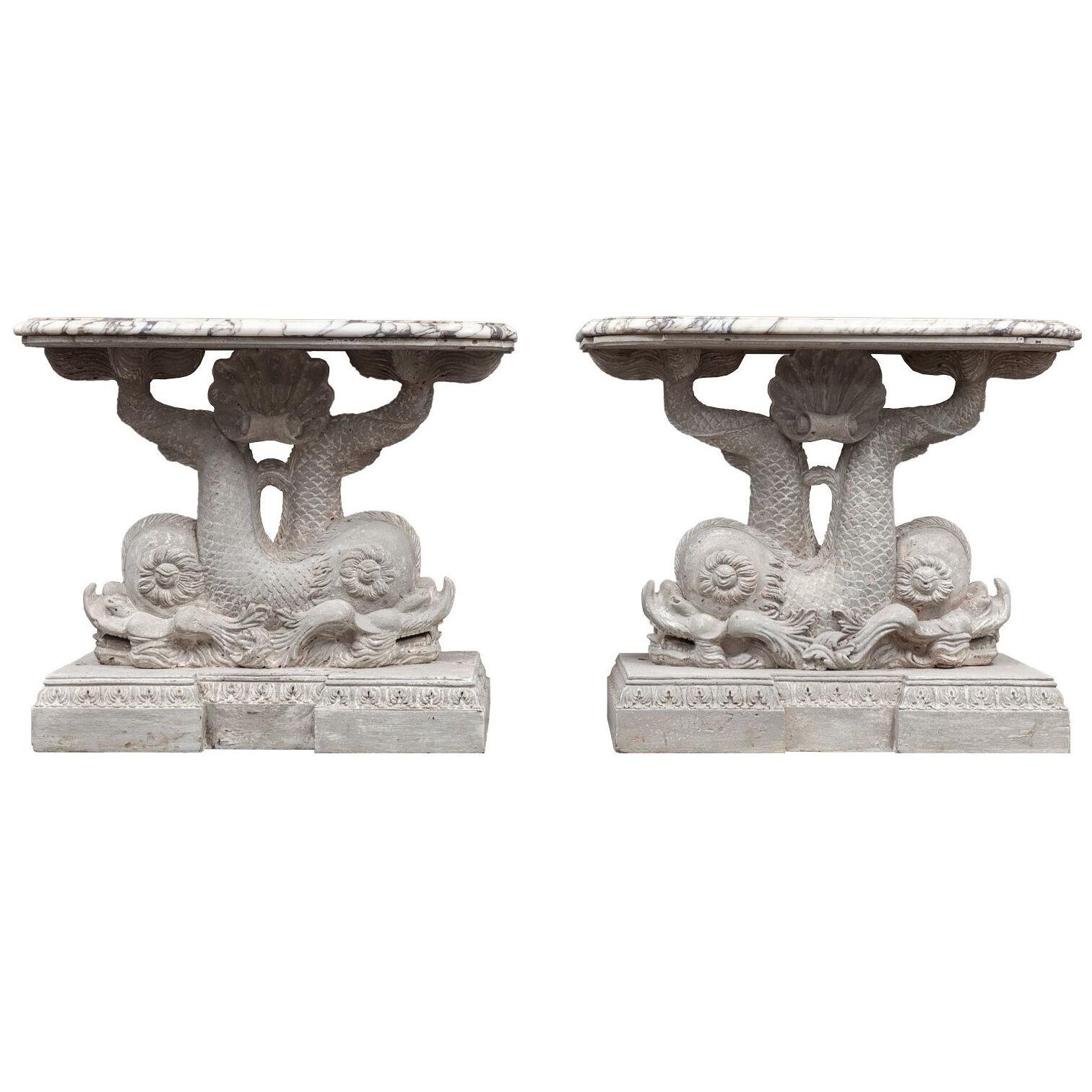 Antique Pair of Carved Wooden Dolphin Tables with Marble Tops