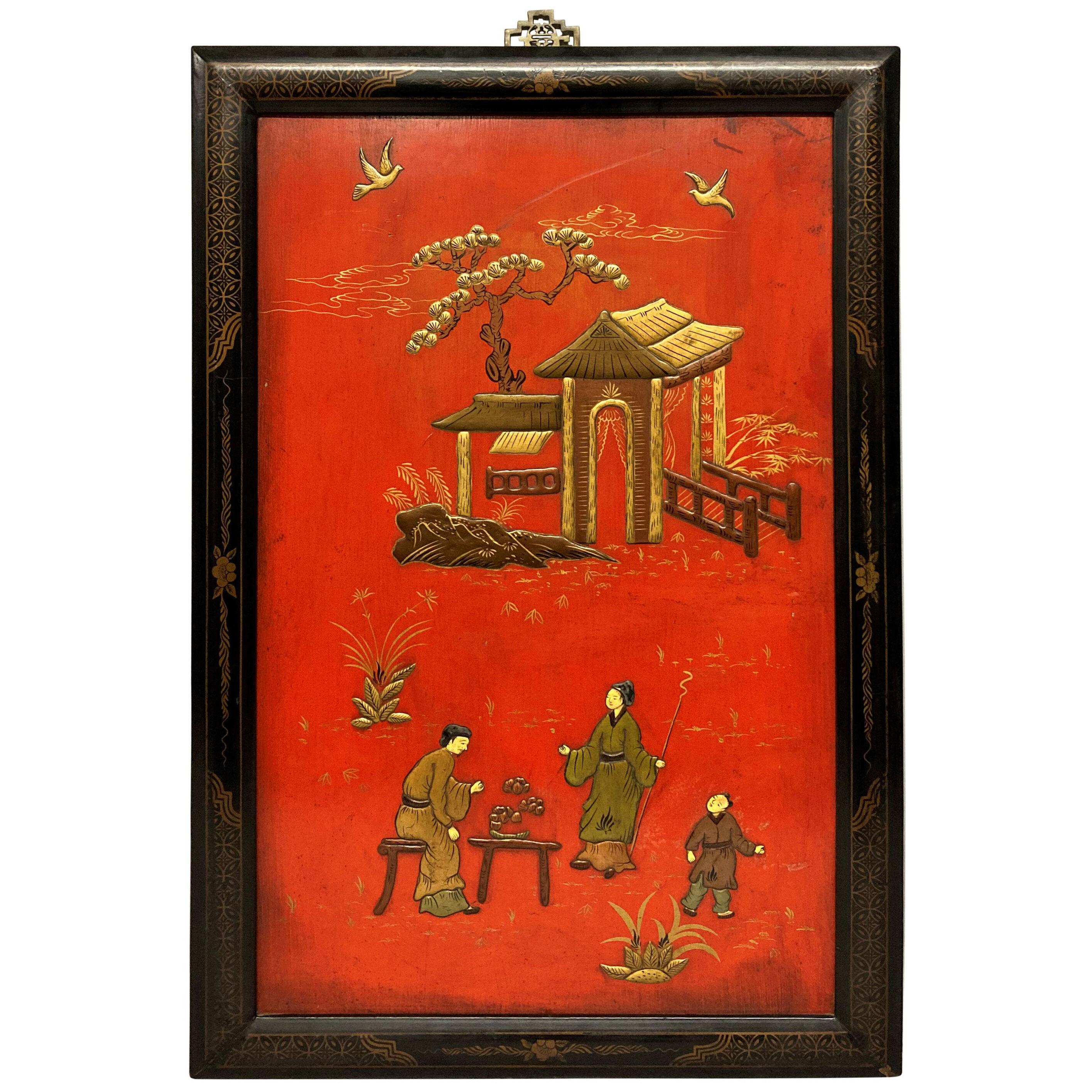 A FRAMED SCARLET LACQUERED CHINESE PANEL