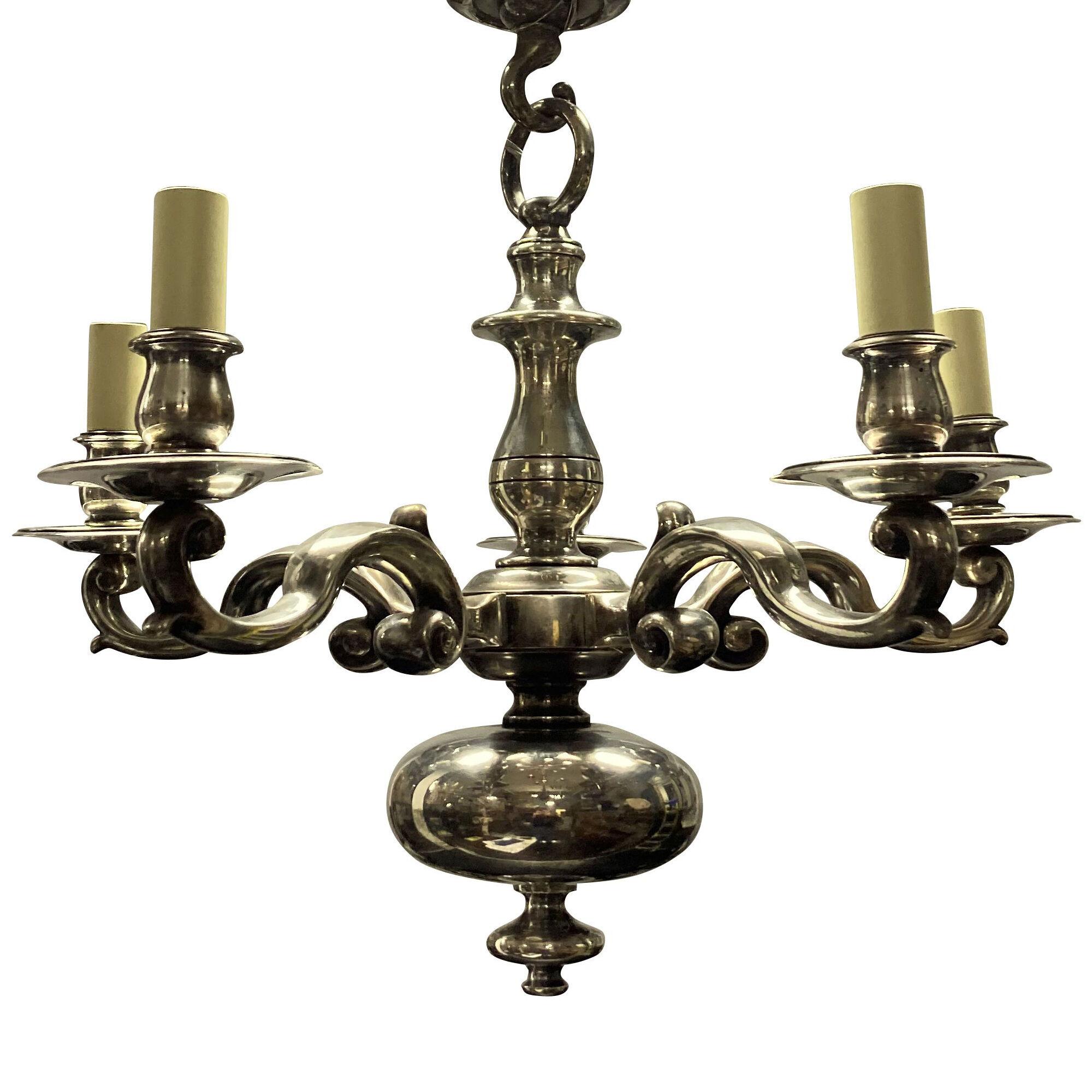 AN ENGLISH FIVE ARM, SILVER PLATED BRONZE CHANDELIER
