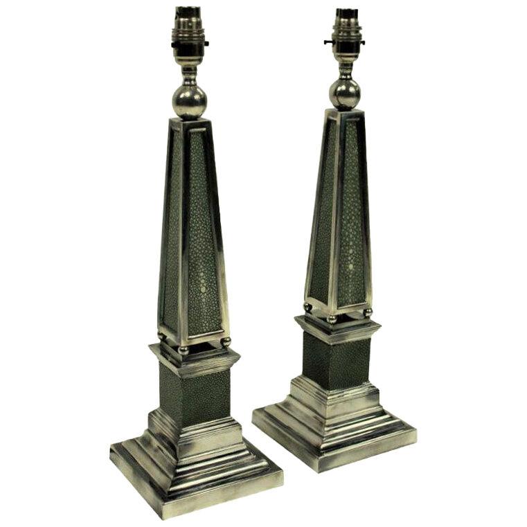 A PAIR OF SILVER & SHAGREEN OBELISK LAMPS