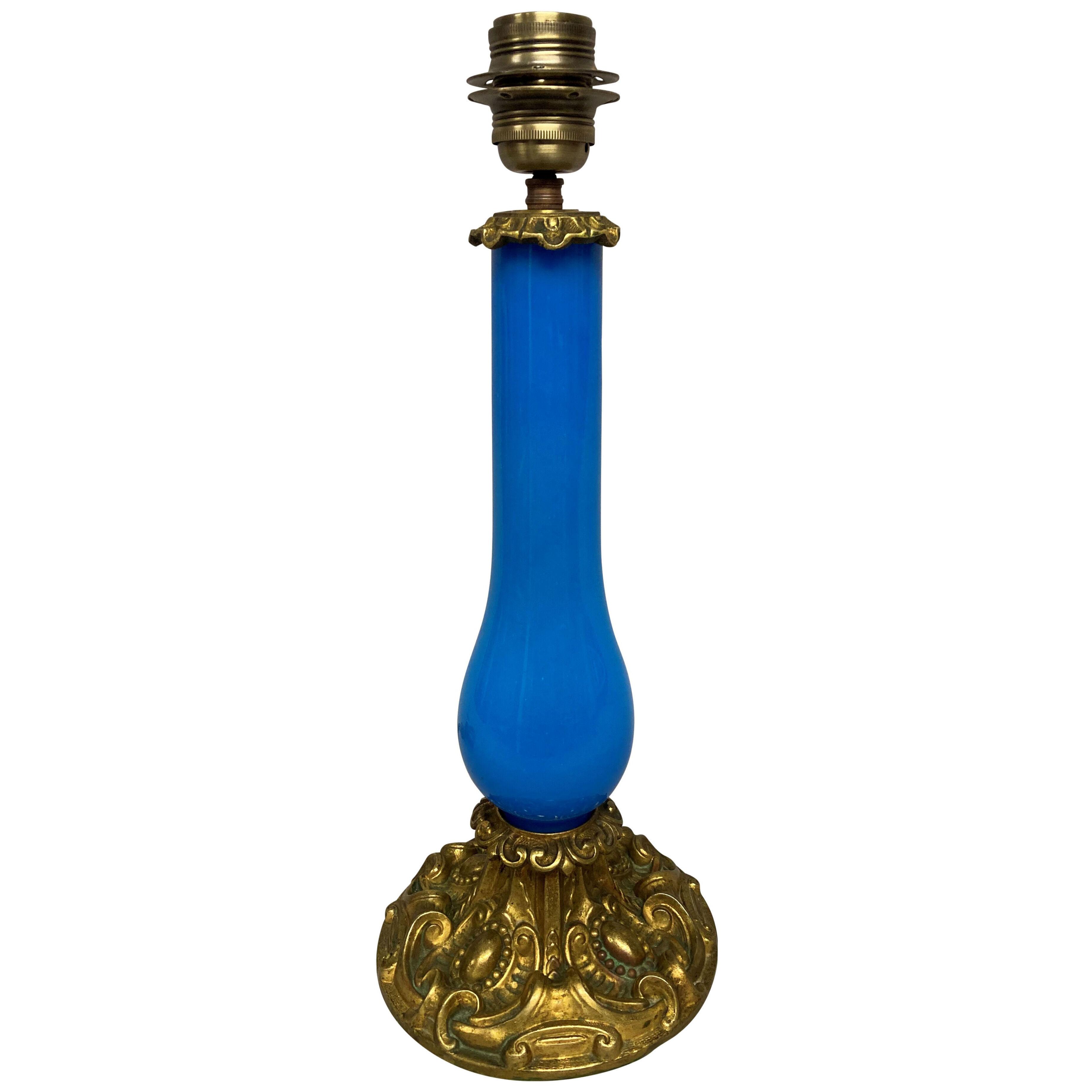 A FRENCH LATE XIX CENTURY BLUE GLASS LAMP